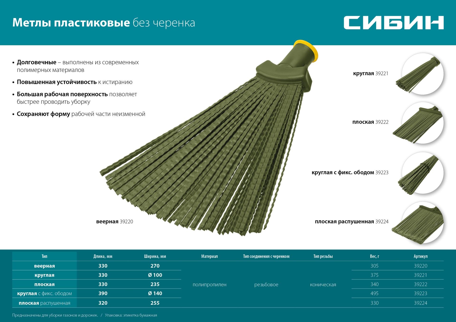 СИБИН 380 х 240 мм, полипропилен, коническое резьбовое соединение, плоская, веерная, пластиковая метла (39220) — фото 6