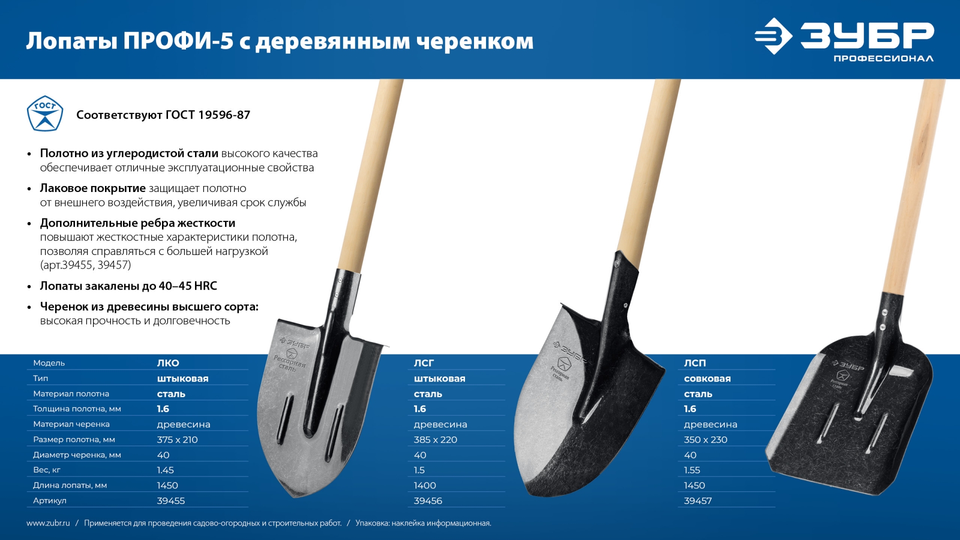 ЗУБР ПРОФИ-5, 145 см, деревянный черенок, штыковая лопата, тип ЛКО, закаленное полотно из рессорной стали с ребрами жесткости, Профессионал (39455) — фото 8