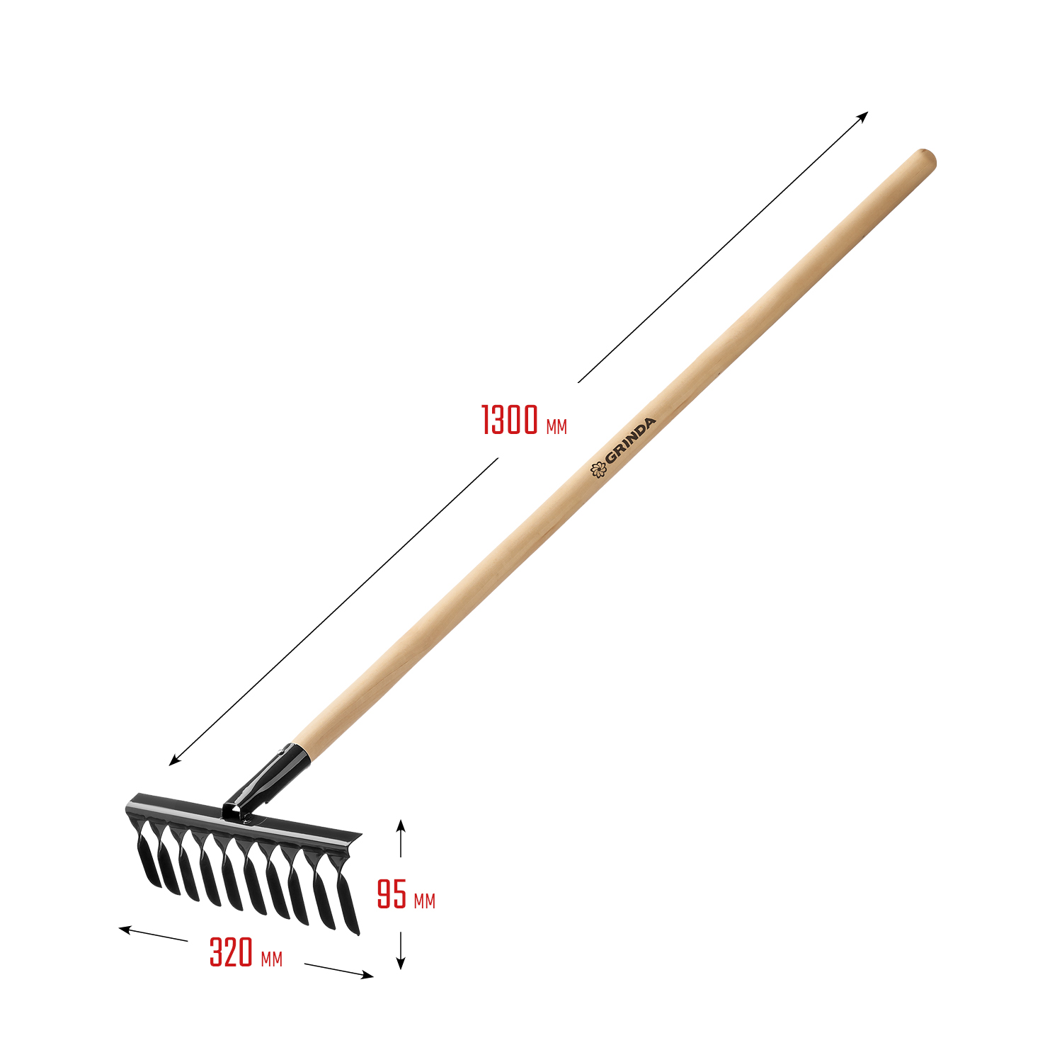 GRINDA GS-10 WOOD, 320 х 95 х 1300 мм, 10 витых зубцов, углеродистая сталь, антикор. покрытие, черенок дерев. высш. сорт, садовые грабли (39581-10) — фото 3
