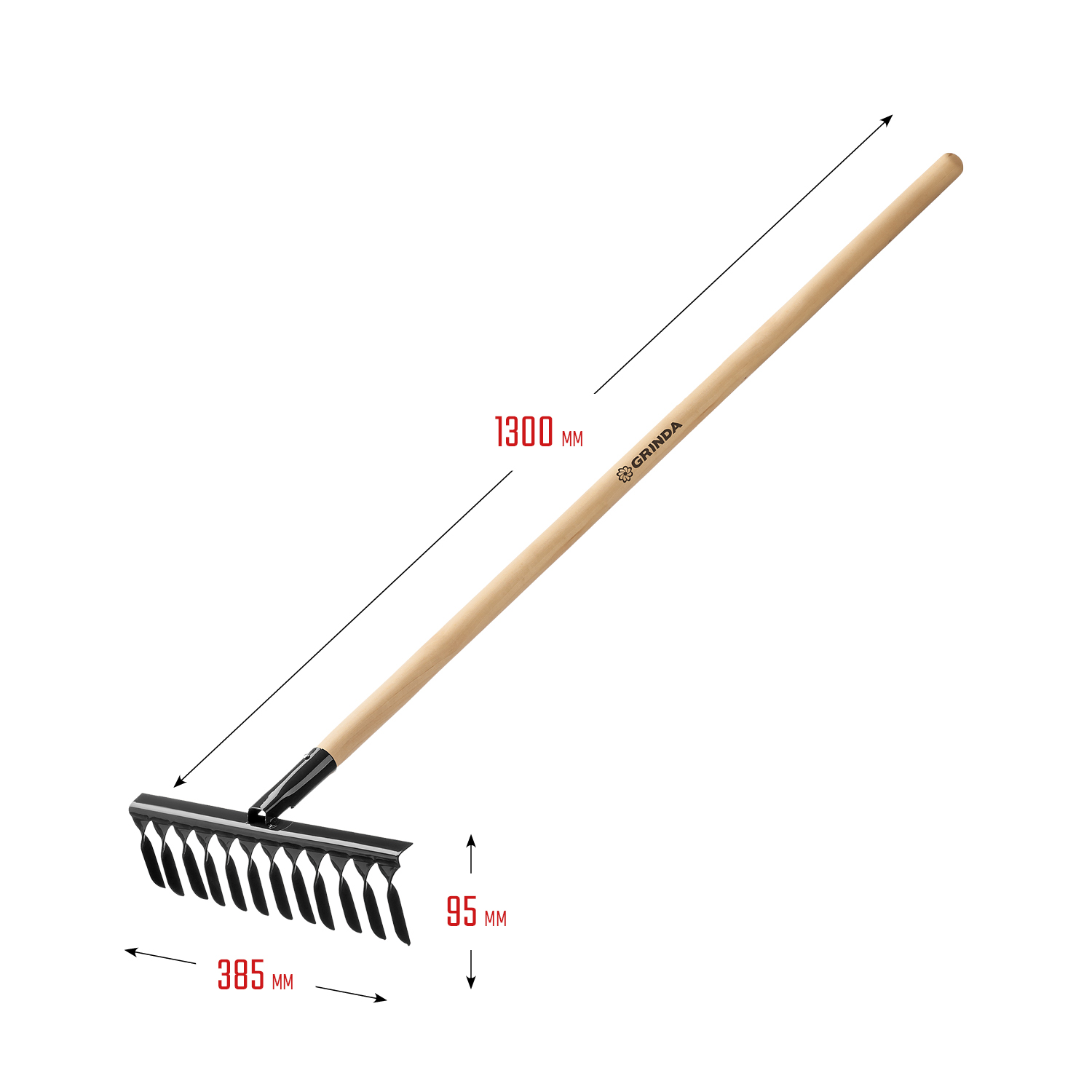 GRINDA GS-12 WOOD, 385 х 95 х 1300 мм, 12 витых зубцов, углеродистая сталь, антикор. покрытие, черенок дерев. высш. сорт, садовые грабли(39581-12) — фото 4
