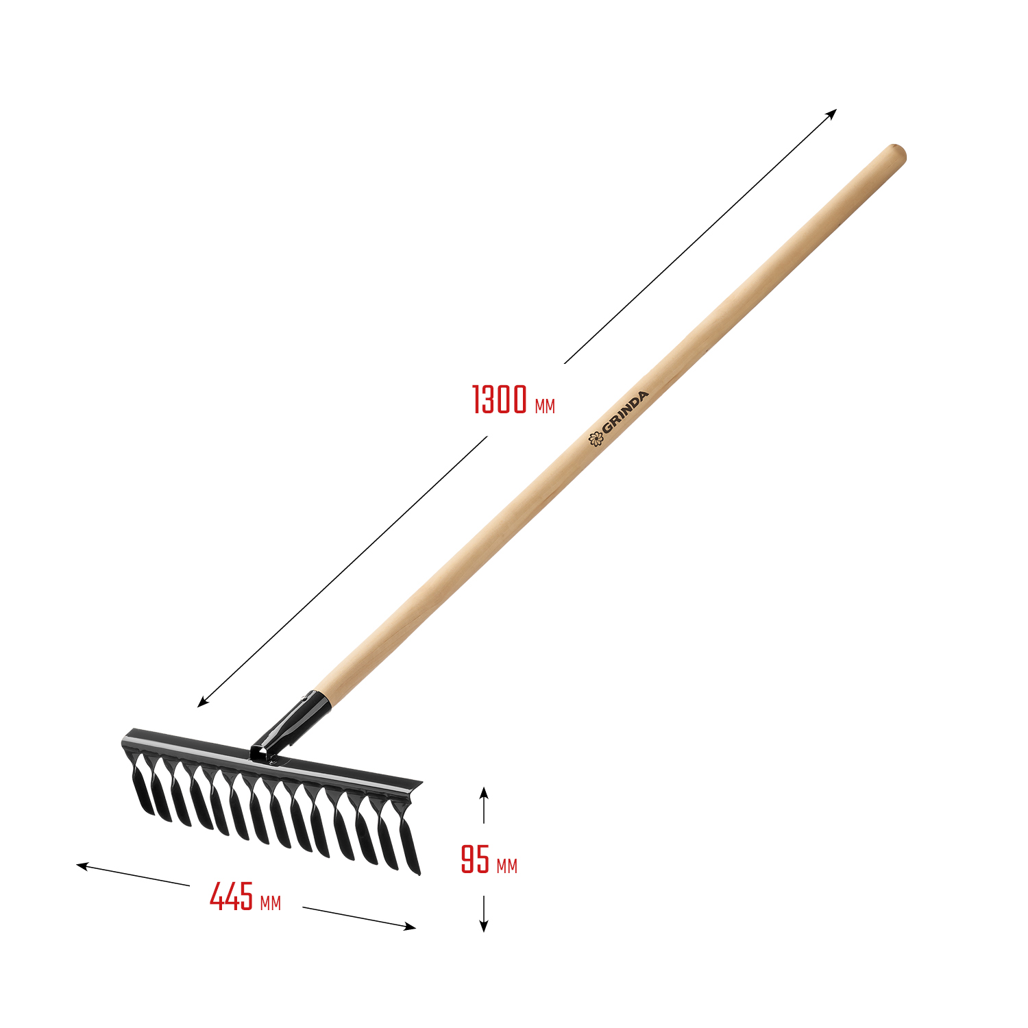 GRINDA GS-14 WOOD, 445 х 95 х 1300 мм, 14 витых зубцов, углеродистая сталь, антикор. покрытие, черенок дерев. высш. сорт, садовые грабли(39581-14) — фото 4