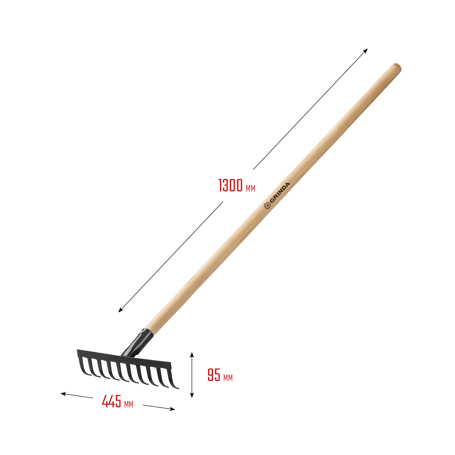 GRINDA GT-10 WOOD, 260 х 80 х 1300 мм, 10 прямых зубцов, углерод. сталь, антикор. покрытие, черенок дерев. высш. сорт, садовые грабли (39583-10) — фото 3