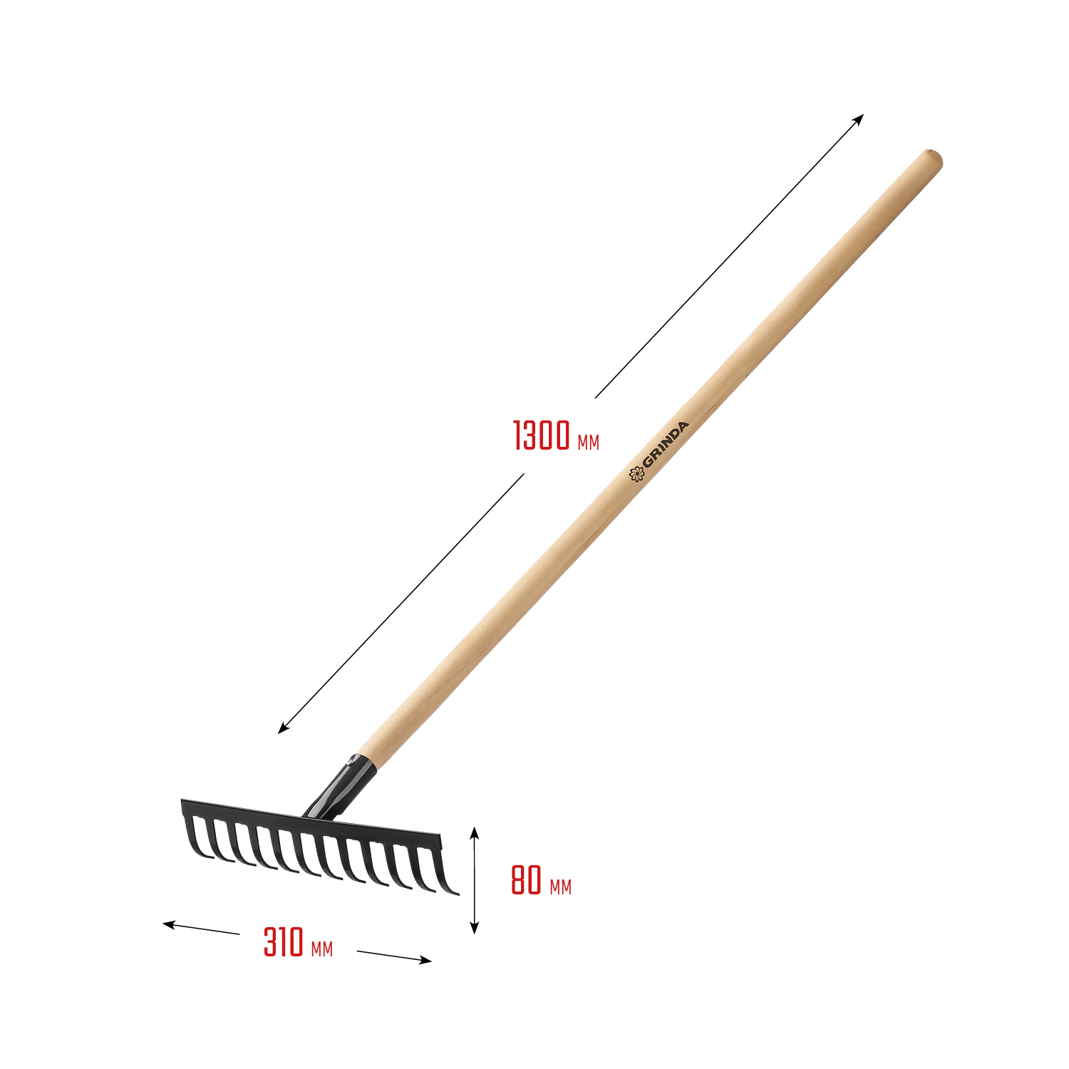 GRINDA GT-12 WOOD, 310 х 80 х 1300 мм, 12 прямых зубцов, углерод. сталь, антикор. покрытие, черенок дерев. высш. сорт, садовые грабли (39583-12) — фото 3