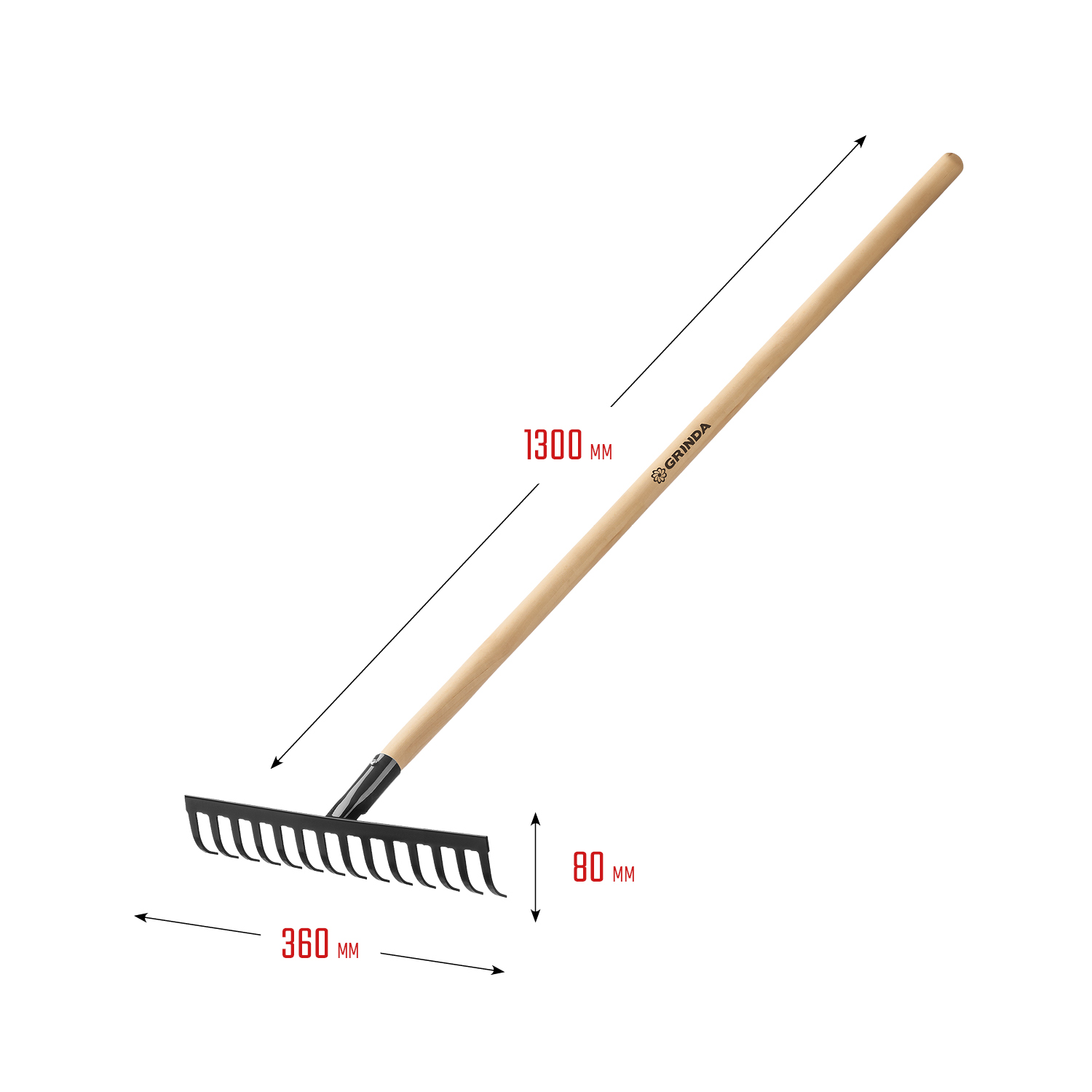 GRINDA GT-14 WOOD, 360 х 80 х 1300 мм, 14 прямых зубцов, углерод. сталь, антикор. покрытие, черенок дерев. высш. сорт, садовые грабли (39583-14) — фото 3