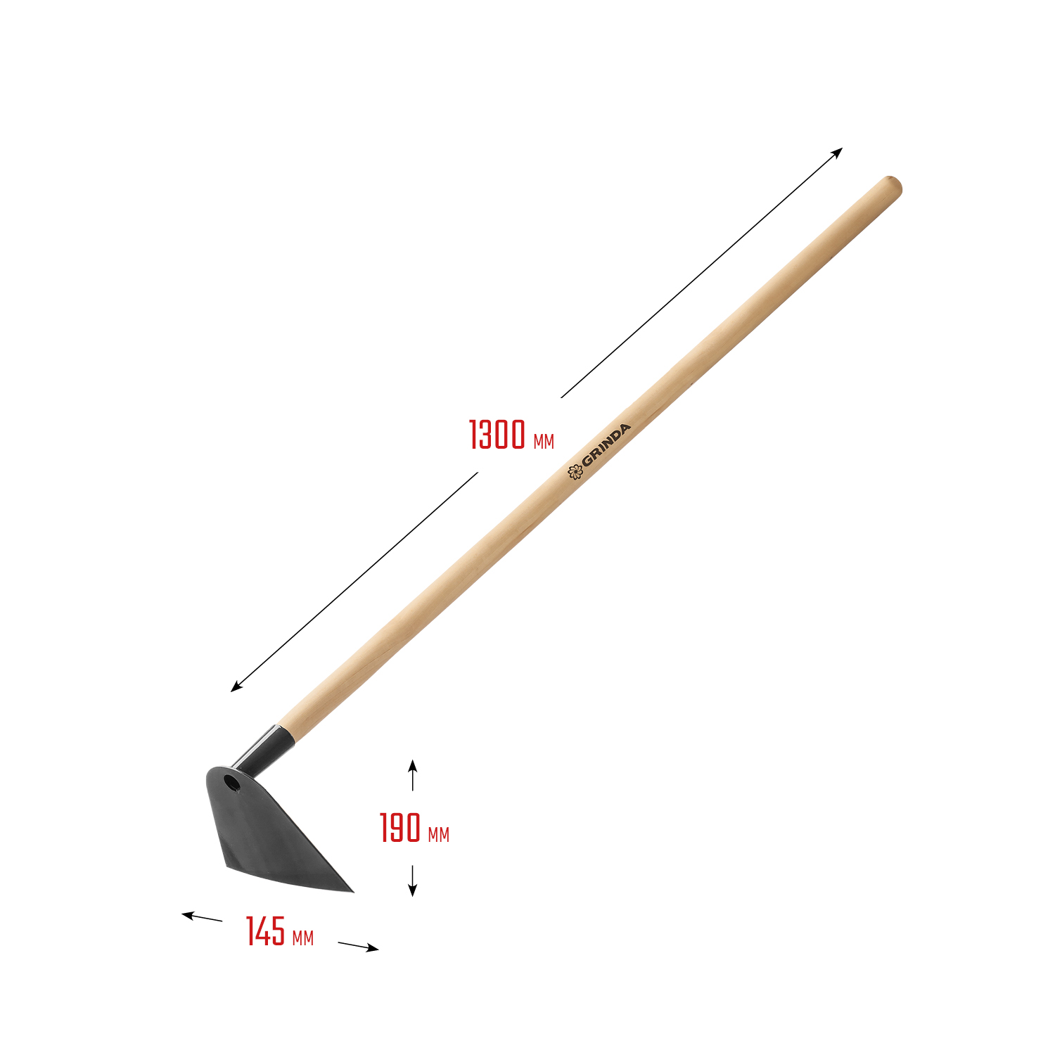 GRINDA GH-190 WOOD, 190 x 145 x 1300 мм, трапециевидный профиль, углеродистая сталь, антикор. покрытие, деревянный черенок, мотыга (39597) — фото 3