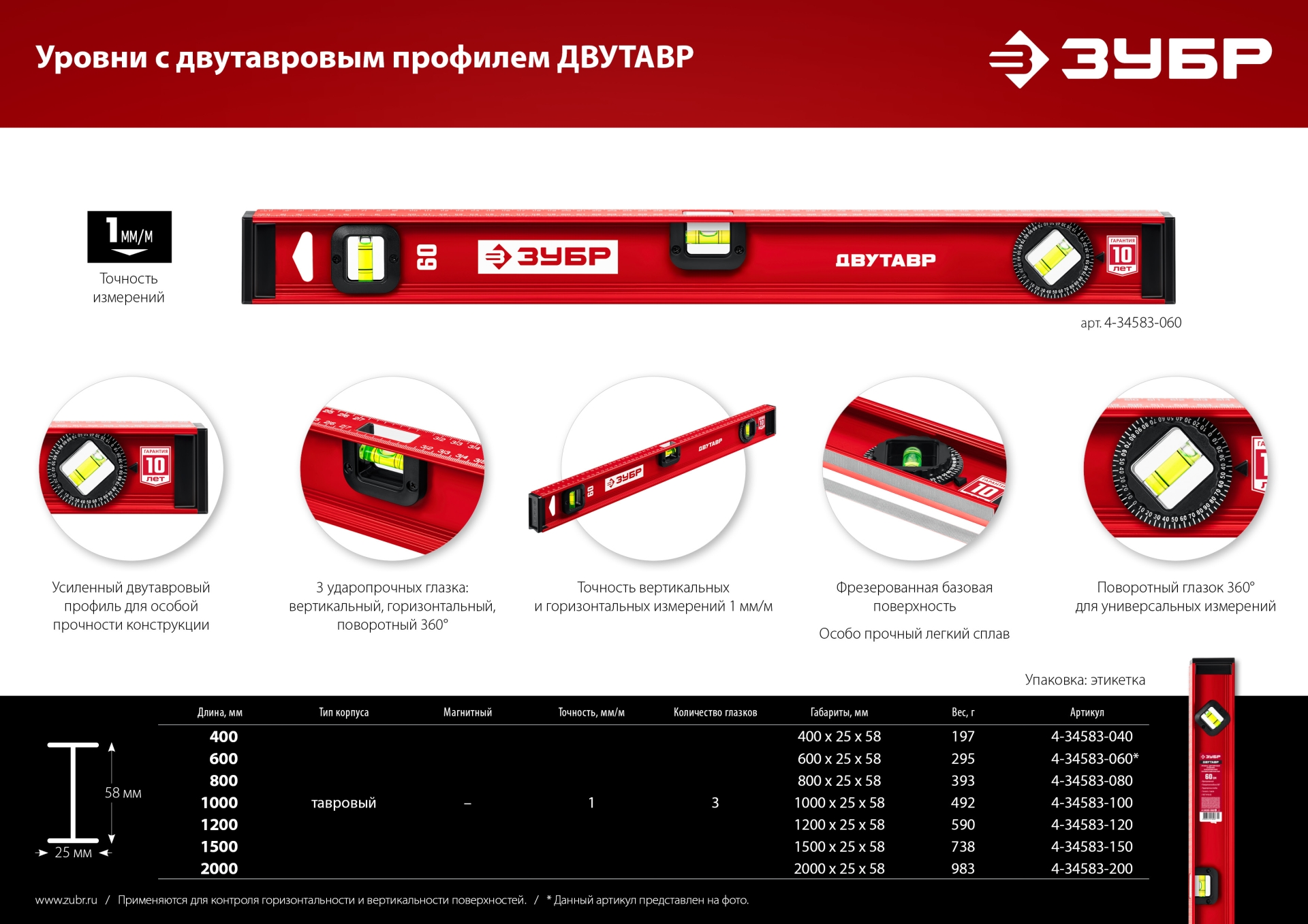 ЗУБР ДВУТАВР, 400 мм, двутавровый, уровень с усиленным профилем (4-34583-040) — фото 8