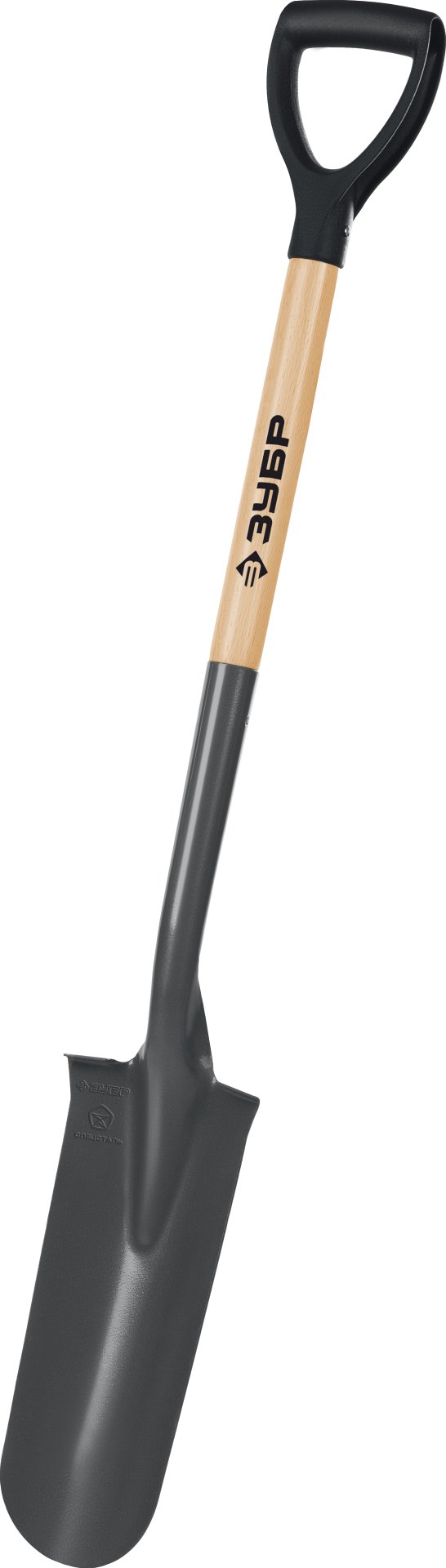 ЗУБР Фаворит, 112 см, деревянный лакированный черенок в/с, D-рукоятка, дренажная лопата, закаленное полотно, Профессионал (4-39515)