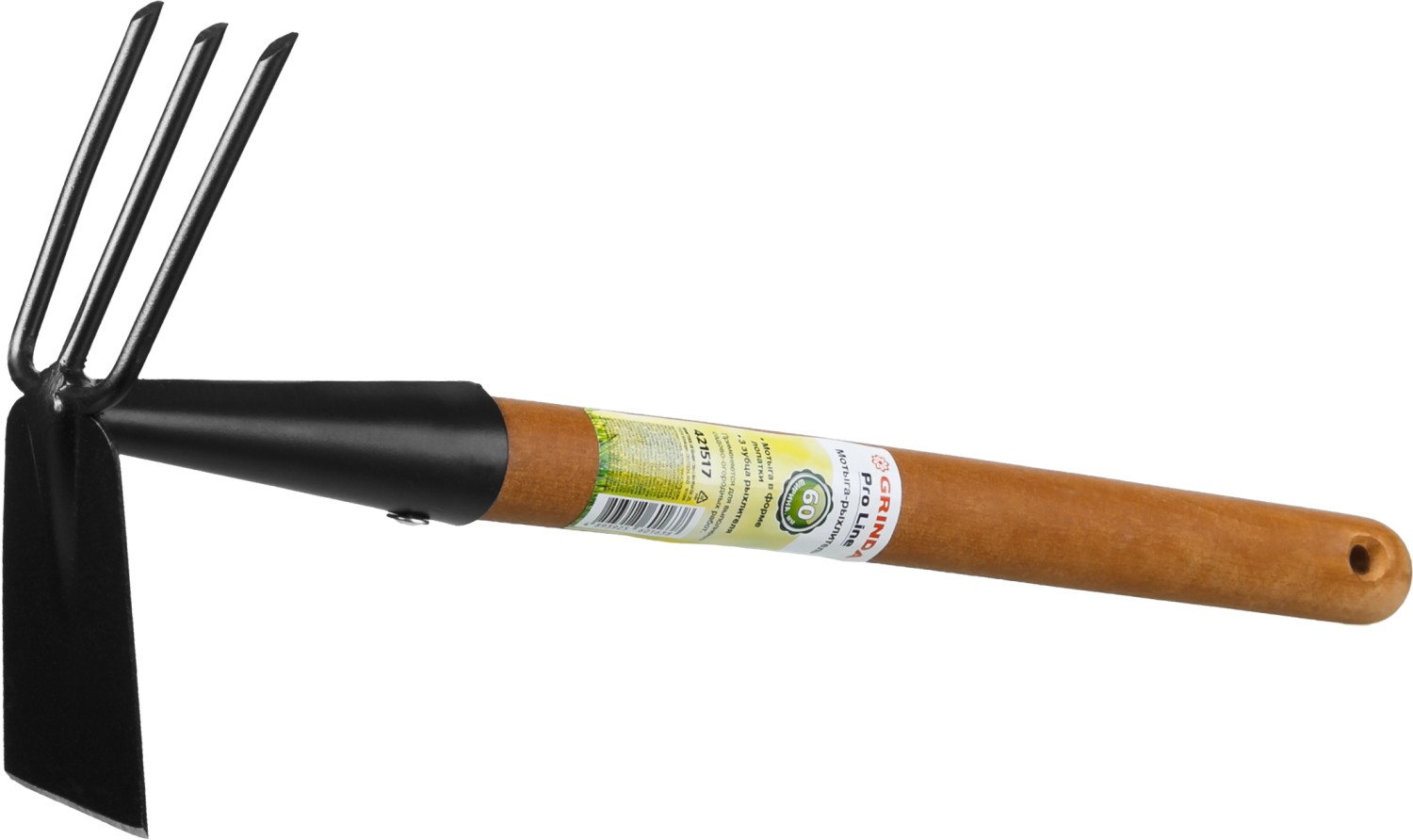 GRINDA ProLine 113х100х575 мм, 3 зубца, деревянная ручка, мотыга-рыхлитель (421517) — фото 2