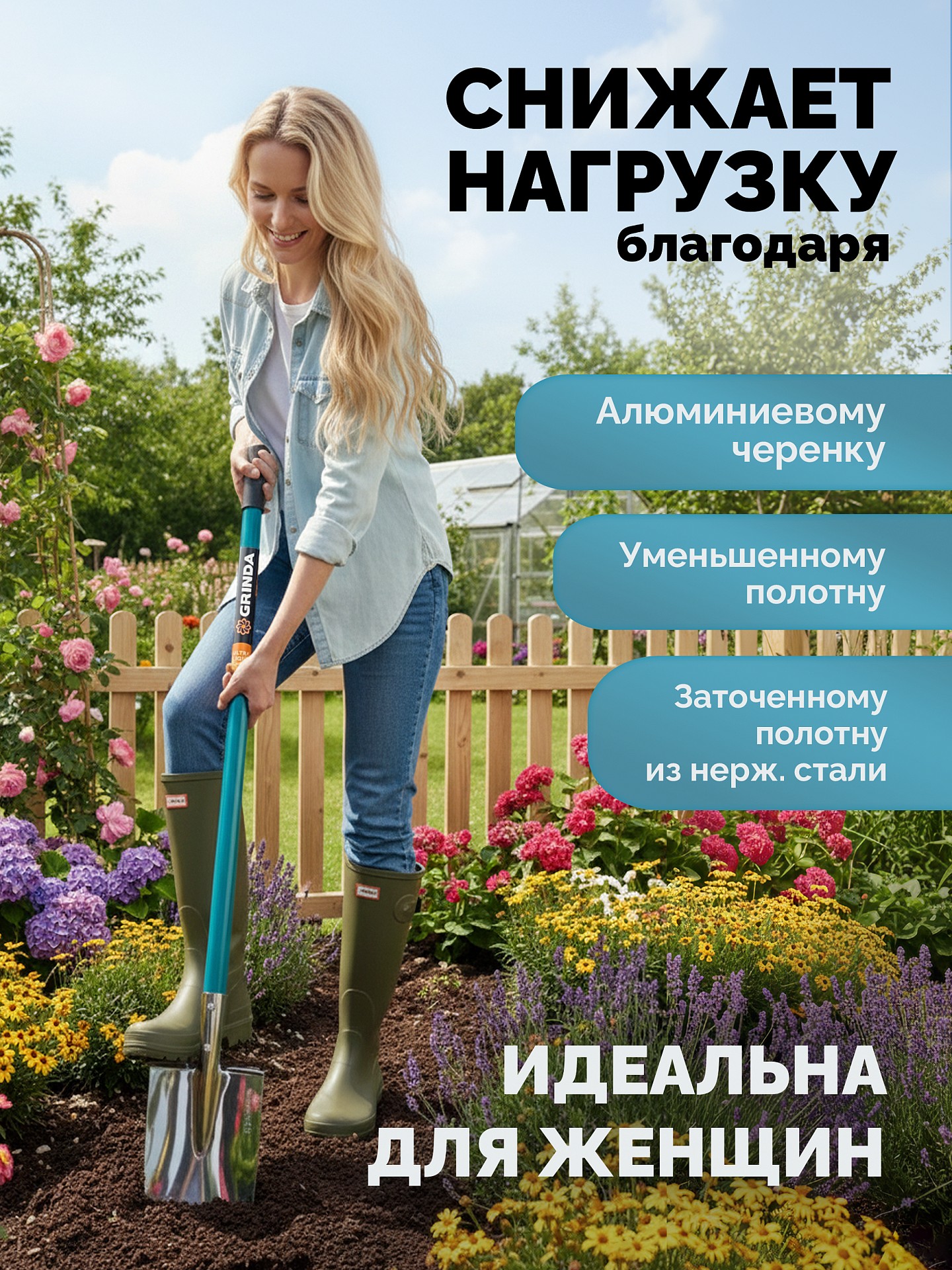 GRINDA WS-3 Лопата дамская штыковая прямоугольная, 200х170х1200мм, алюминиевый черенок, PROLine (421828) — фото 4