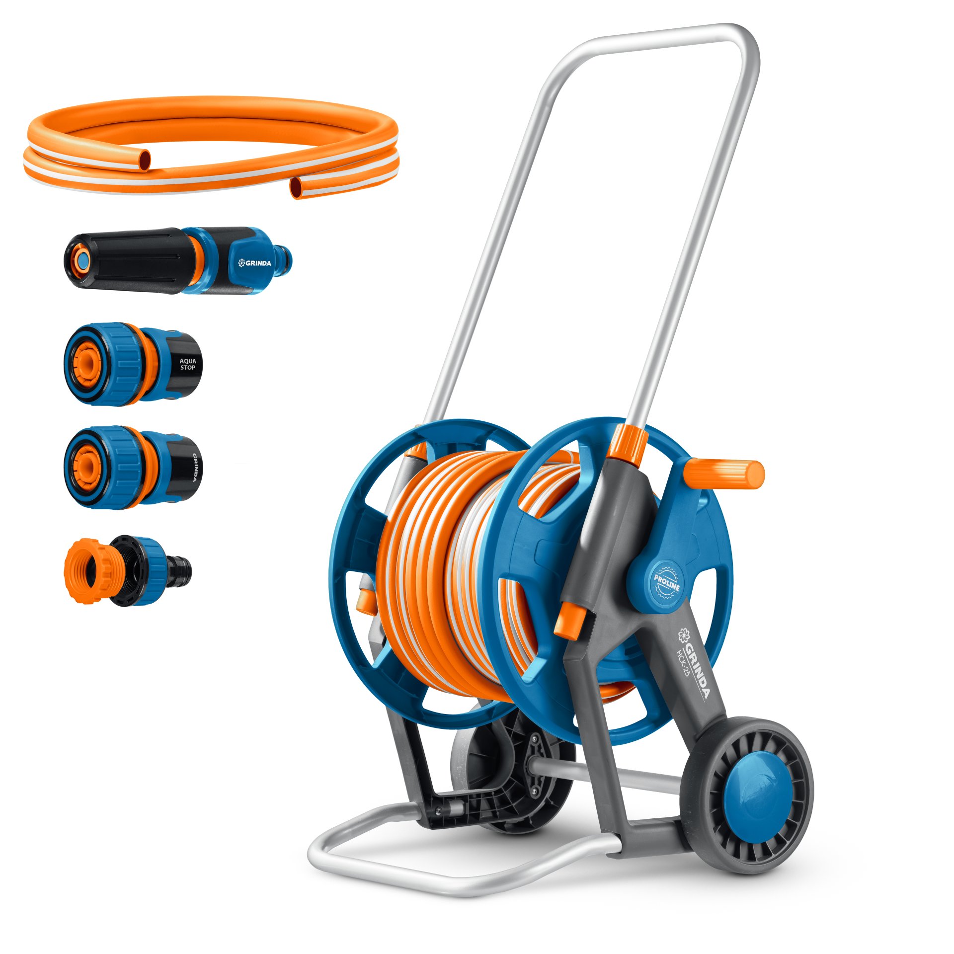 GRINDA HCK-25, шланг 25м x 1/2″, поливочный набор 4 предмета, усиленные колеса, телескопическая ручка, катушка со шлангом в комплект ProLine (428461)