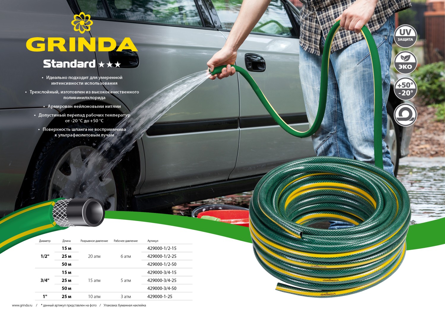 GRINDA STANDARD, 3/4″, 15 м, 15 атм, трёхслойный, армированный, поливочный шланг (429000-3/4-15) — фото 5