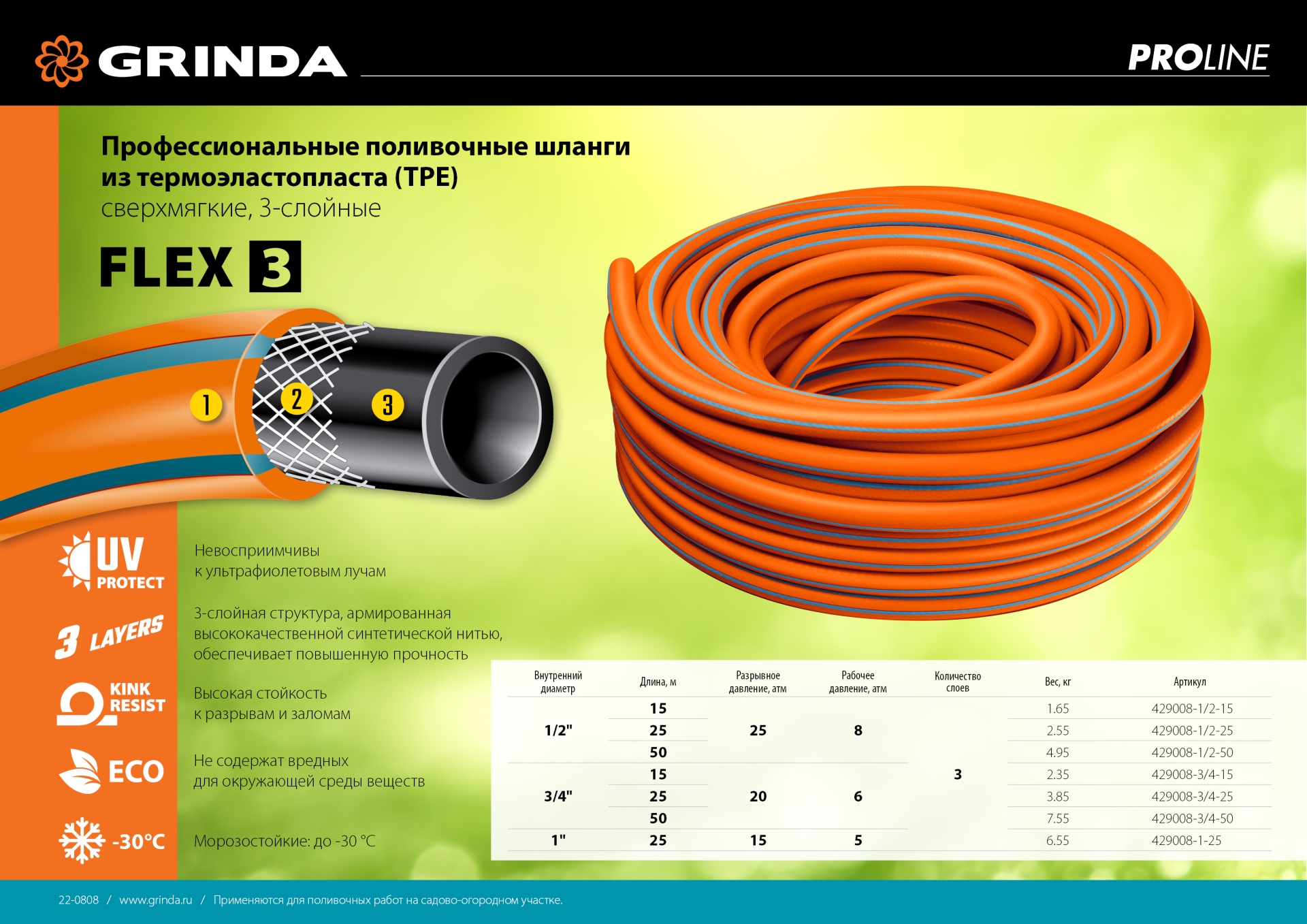 GRINDA FLEX 3, 1/2″, 15 м, 25 атм, из термоэластопласта, трёхслойный, армированный, гибкий, поливочный шланг, PROLine (429008-1/2-15) — фото 8