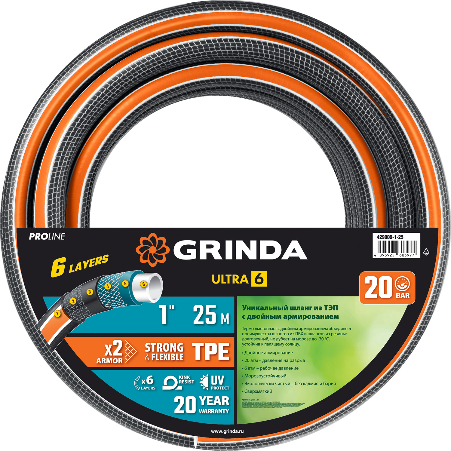 GRINDA ULTRA 6, 1″, 25 м, 20 атм, шестислойный, двойное армирование, поливочный шланг, PROLine (429009-1-25) — фото 7