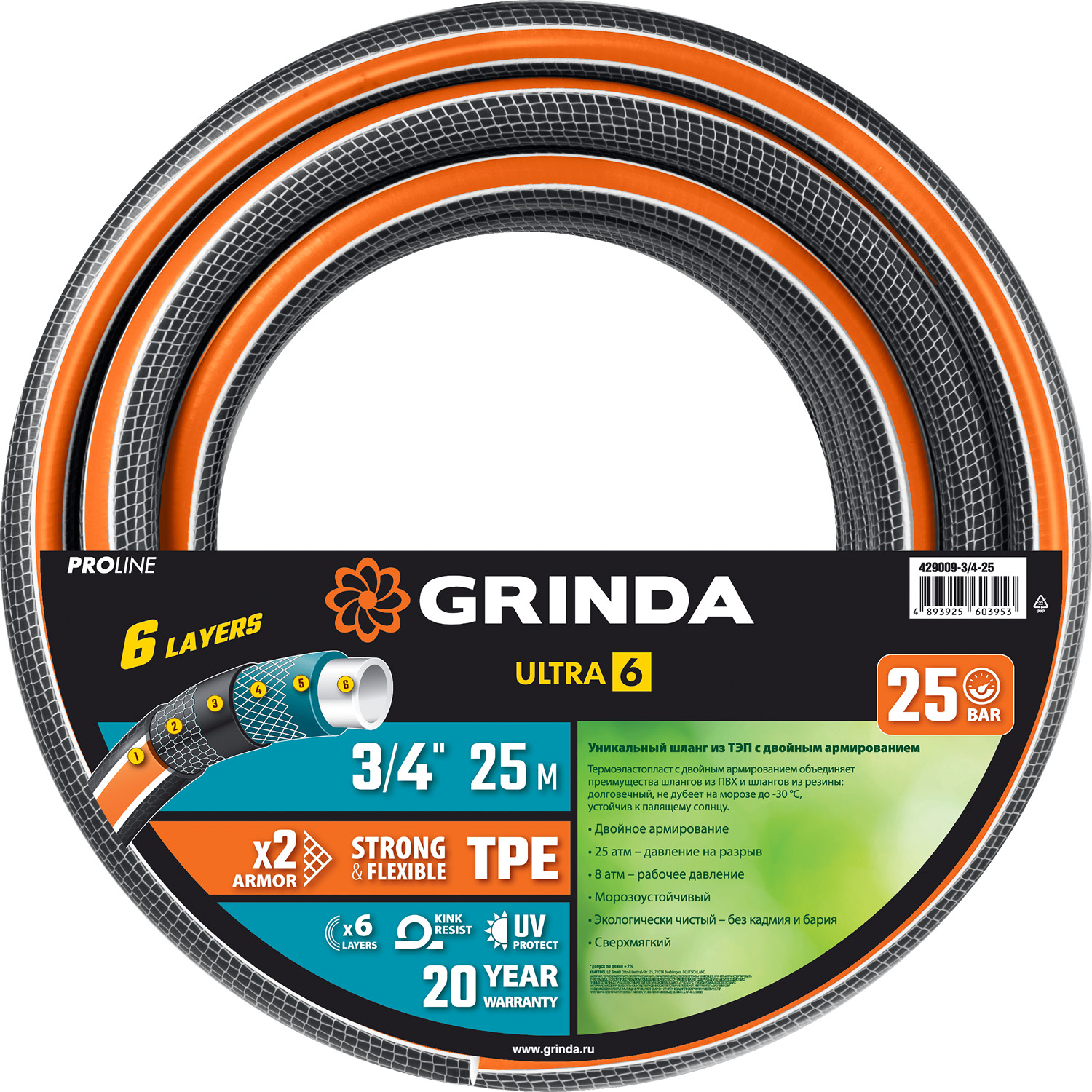 GRINDA ULTRA 6, 3/4″, 25 м, 25 атм, шестислойный, двойное армирование, поливочный шланг, PROLine (429009-3/4-25) — фото 7