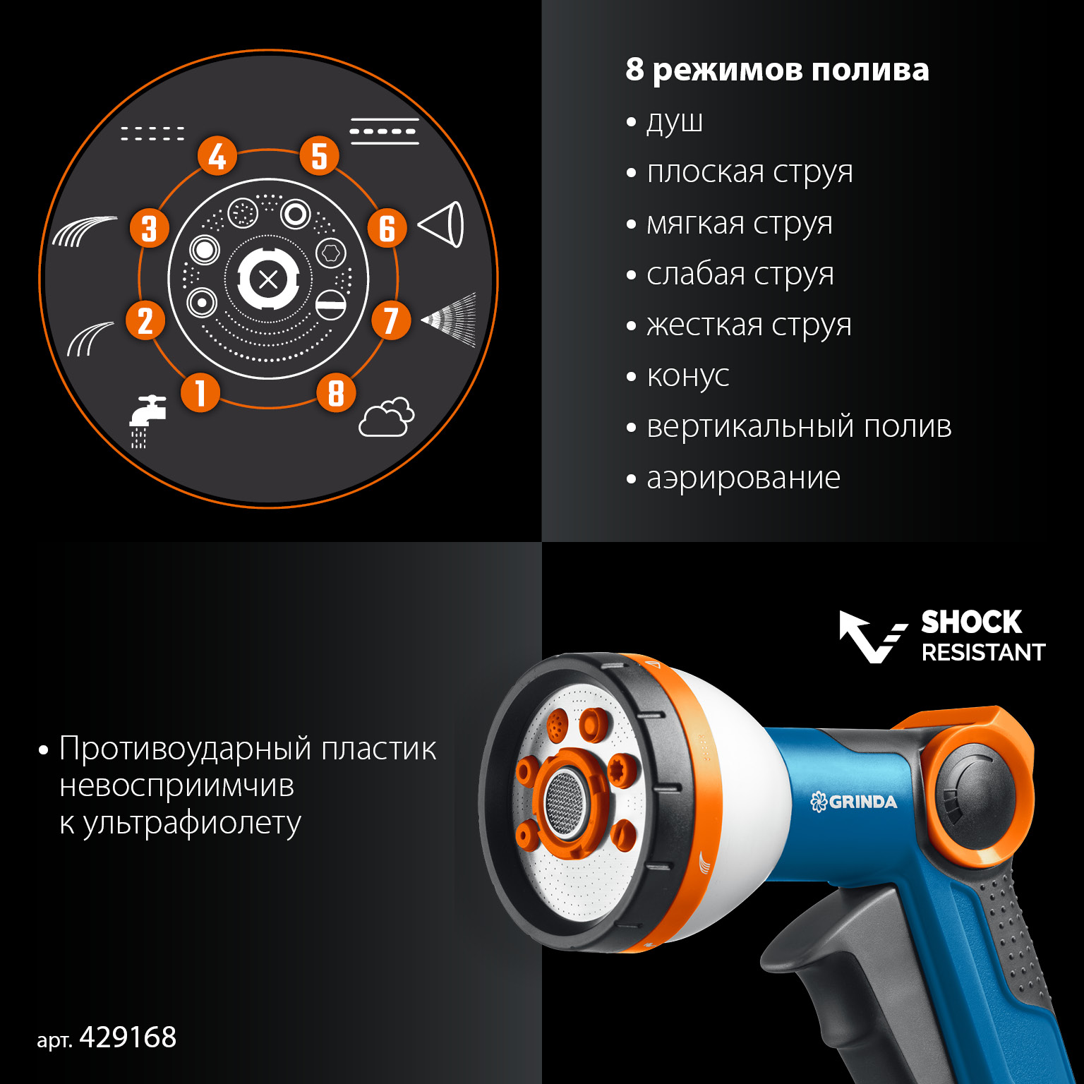 GRINDA Х-812, питолет поливочный X-8, коннектор 1/2, конектор 1/2 с автостопом, адаптер с внутр. резьбой 1/2 х 3/4, набор поливочный PROLine (429168) — фото 4