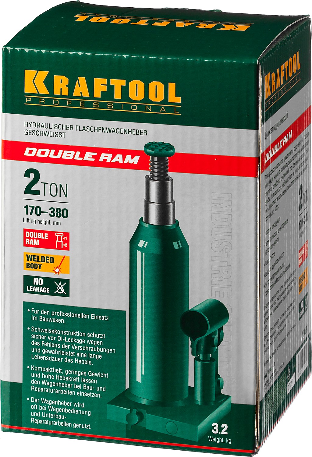 KRAFTOOL DOUBLE RAM, 2 т, 170 - 380 мм, с увеличенным подъемом, двухштоковый бутылочный домкрат (43463-2) — фото 10