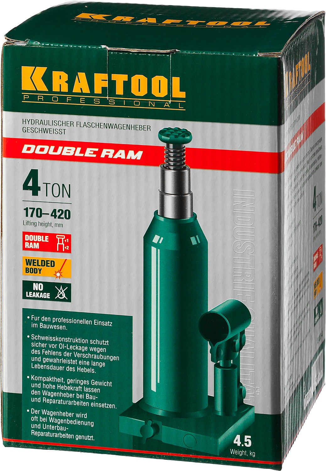 KRAFTOOL DOUBLE RAM, 4 т, 170 - 420 мм, с увеличенным подъемом, двухштоковый бутылочный домкрат (43463-4) — фото 10