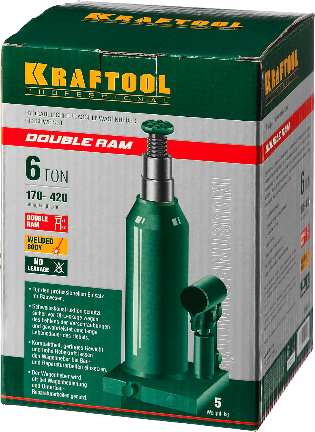 KRAFTOOL DOUBLE RAM, 6 т, 170 - 420 мм, с увеличенным подъемом, двухштоковый бутылочный домкрат (43463-6) — фото 10