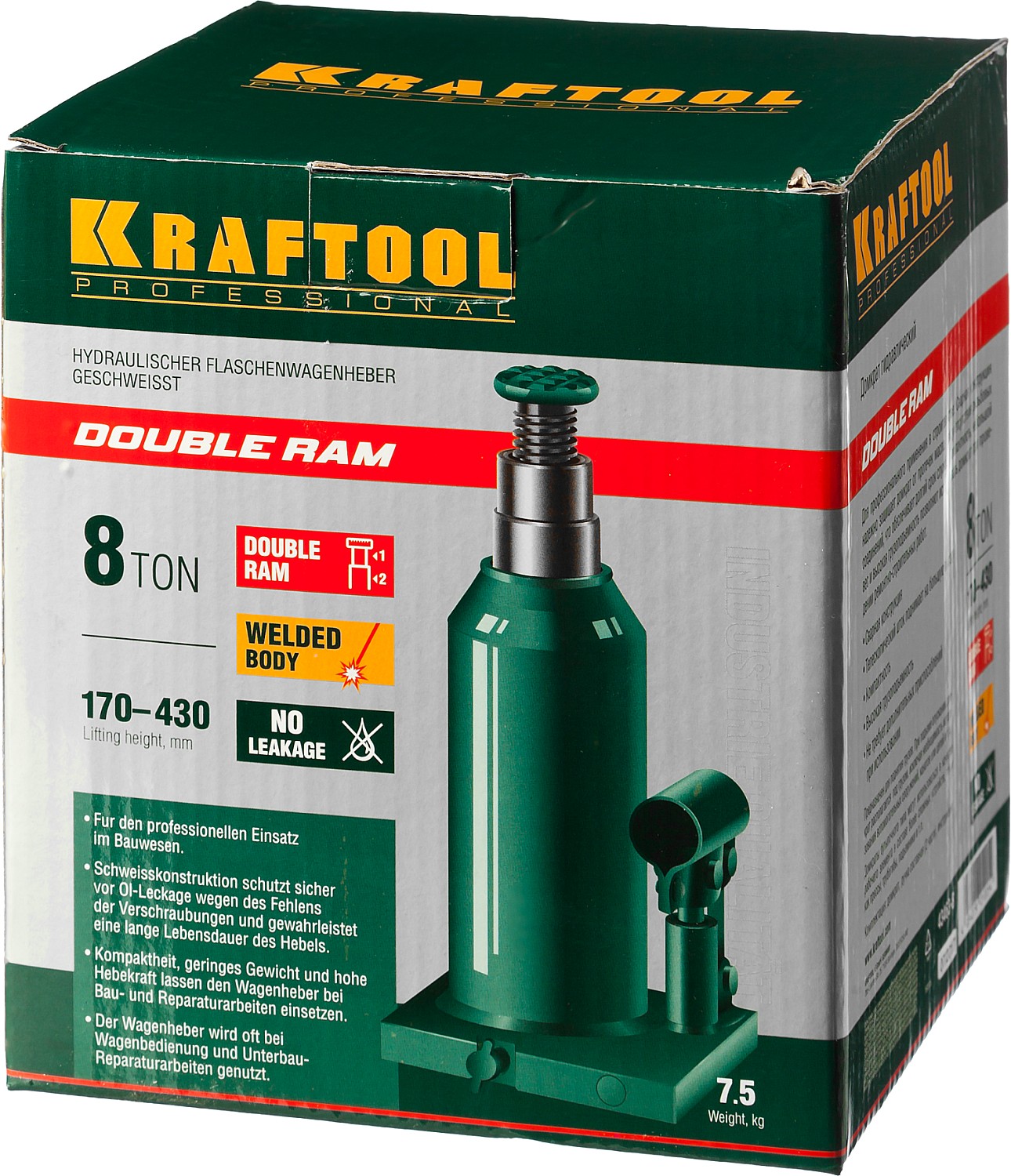 KRAFTOOL DOUBLE RAM, 8 т, 170 - 430 мм, с увеличенным подъемом, двухштоковый бутылочный домкрат (43463-8) — фото 10