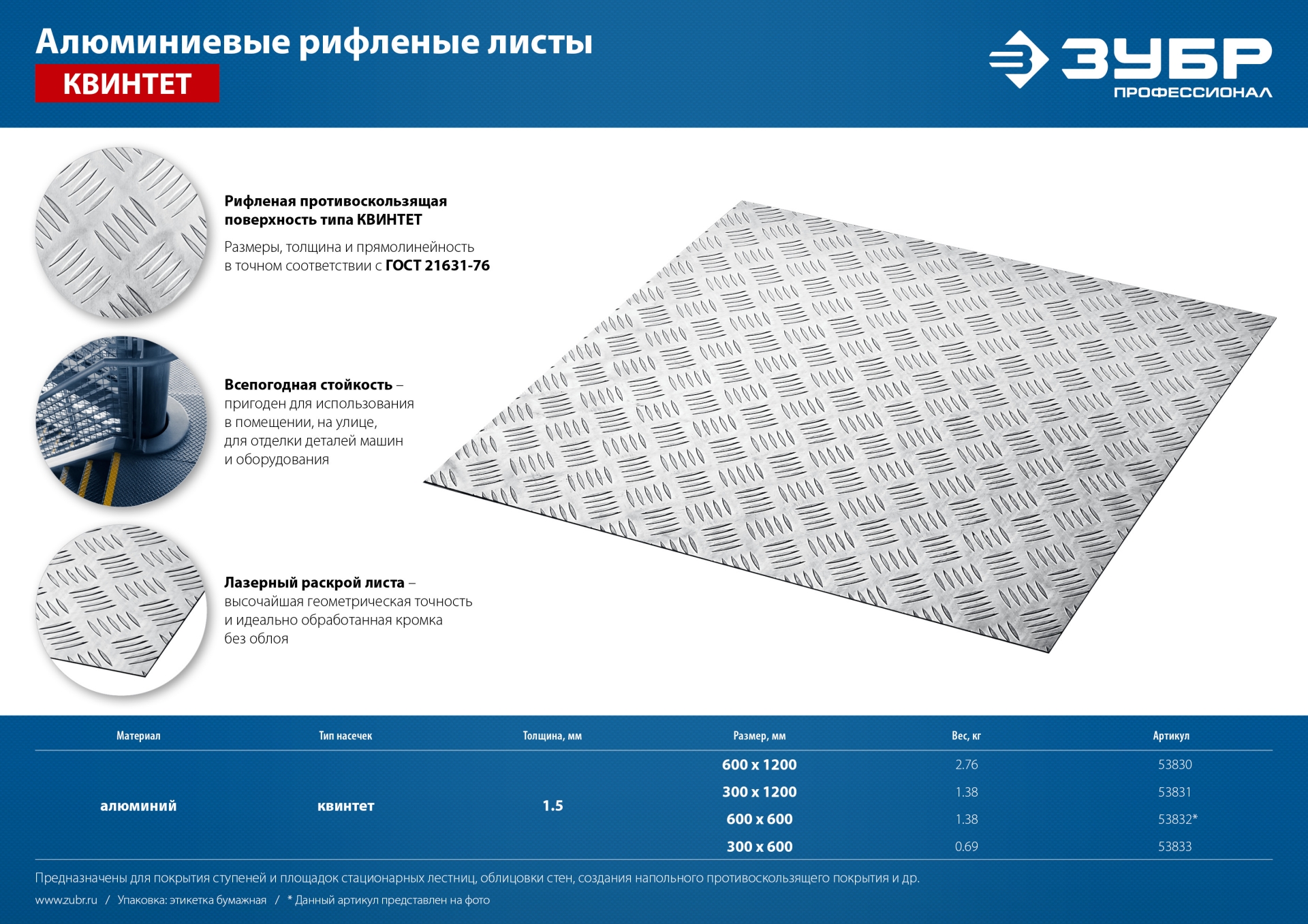 ЗУБР Квинтет, 300 х 600 х 1.5 мм, алюминиевый рифленый лист, Профессионал (53833) — фото 9