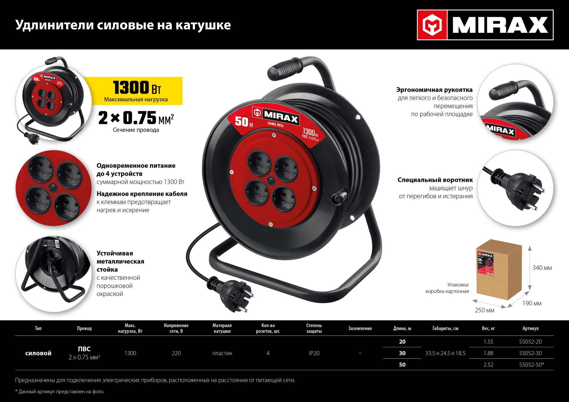 MIRAX ПВС, 2 х 0.75 мм2, 30 м, 1300 Вт, удлинитель на катушке (55052-30) — фото 9