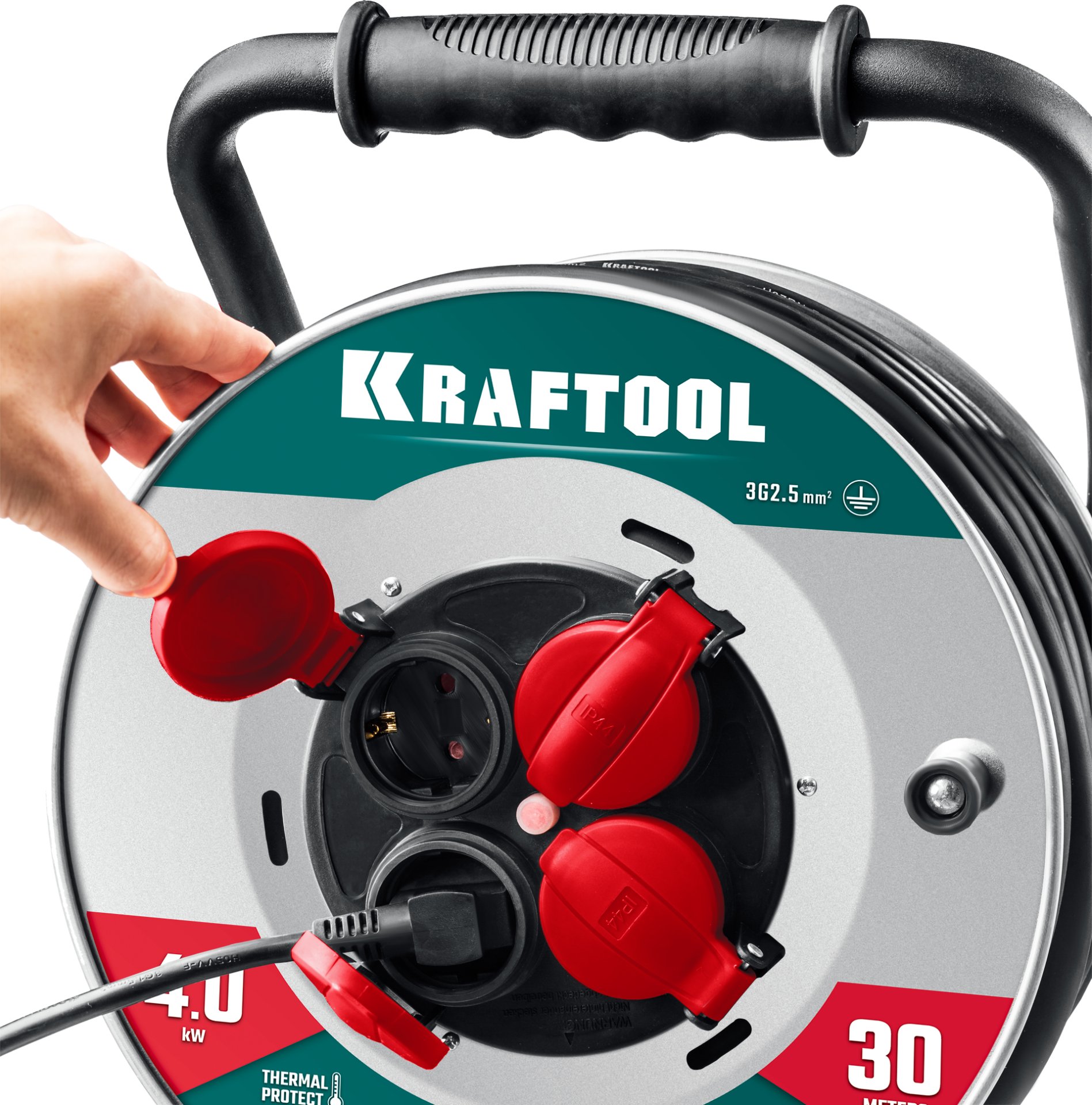 KRAFTOOL КГ 3х2.5 30м 4000Вт IP44, HEAVY DUTYСиловой удлинитель на стальной катушке (55086-30) — фото 3