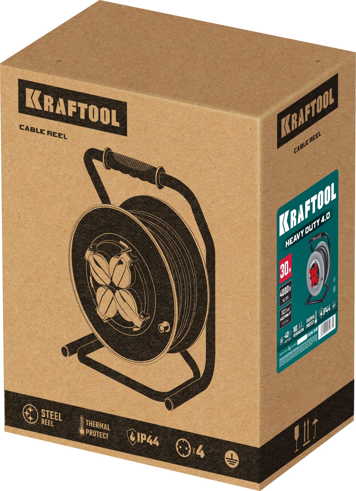 KRAFTOOL КГ 3х2.5 30м 4000Вт IP44, HEAVY DUTYСиловой удлинитель на стальной катушке (55086-30) — фото 6