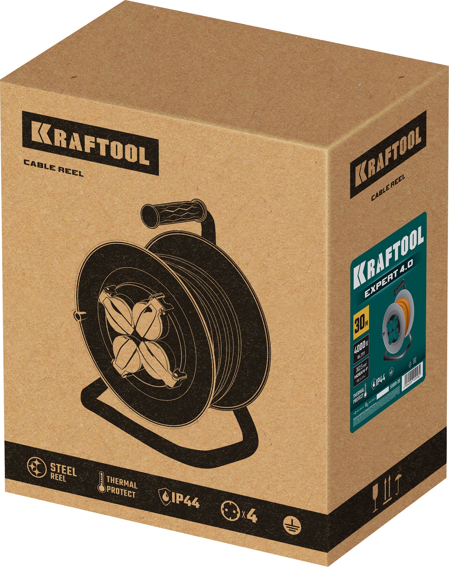 KRAFTOOL ПВС 3х2.5 30м 4000Вт IP44, Силовой удлинитель на стальной катушкеEXPERT (55089-30) — фото 8