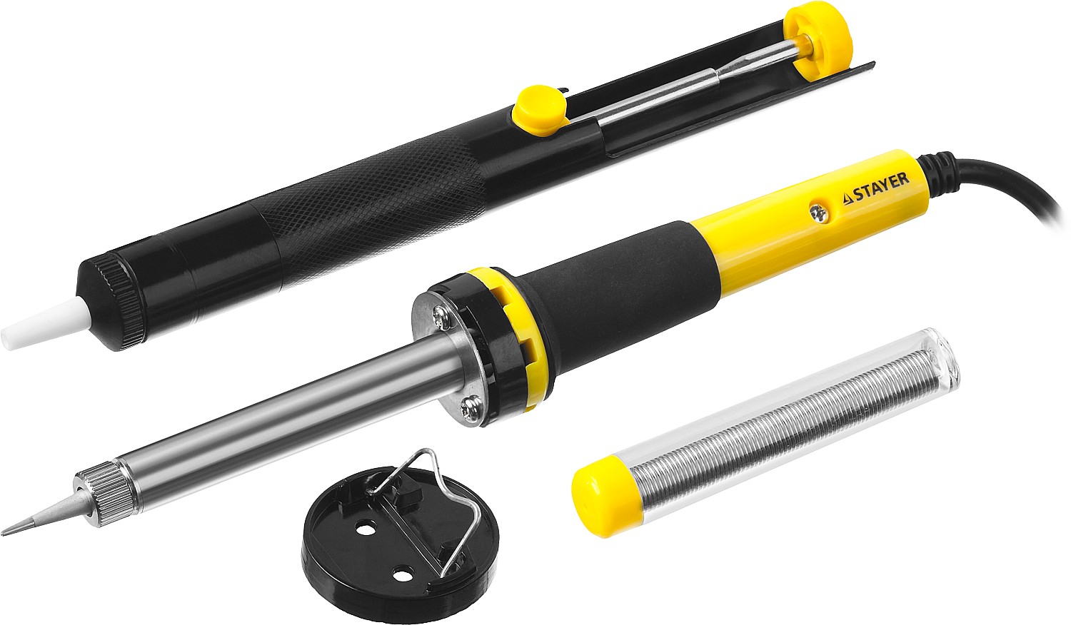 STAYER PROTerm, 30 Вт, с 2к рукояткой, конус, оловоотсос + подставка + припой, набор для паяльных работ, Professional (55316-30-H4)