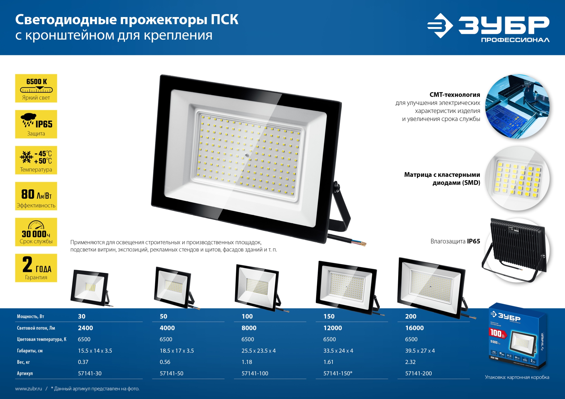 ЗУБР ПСК-100, 100 Вт, 6500 К, IP 65, светодиодный прожектор, Профессионал (57141-100) — фото 11