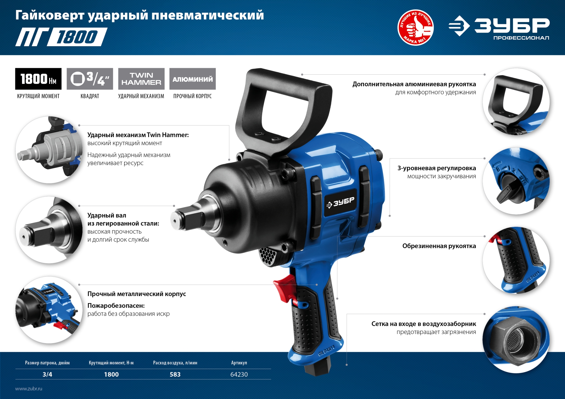 ЗУБР ПГ-1800, 3/4″, 1800 Н·м, ударный пневматический гайковерт, Профессионал (64230) — фото 7
