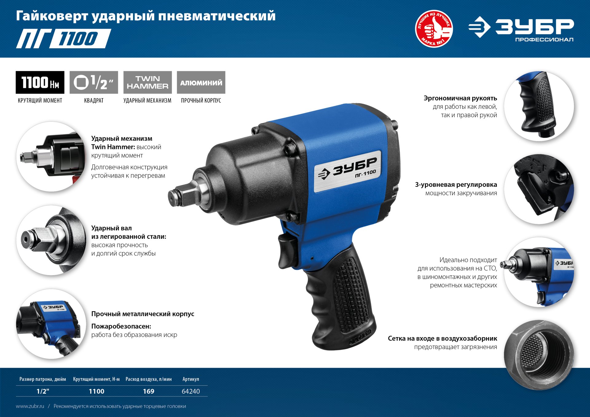ЗУБР ПГ-1100, 1/2″, 1100 Н·м, ударный пневматический гайковерт, Профессионал (64240) — фото 7