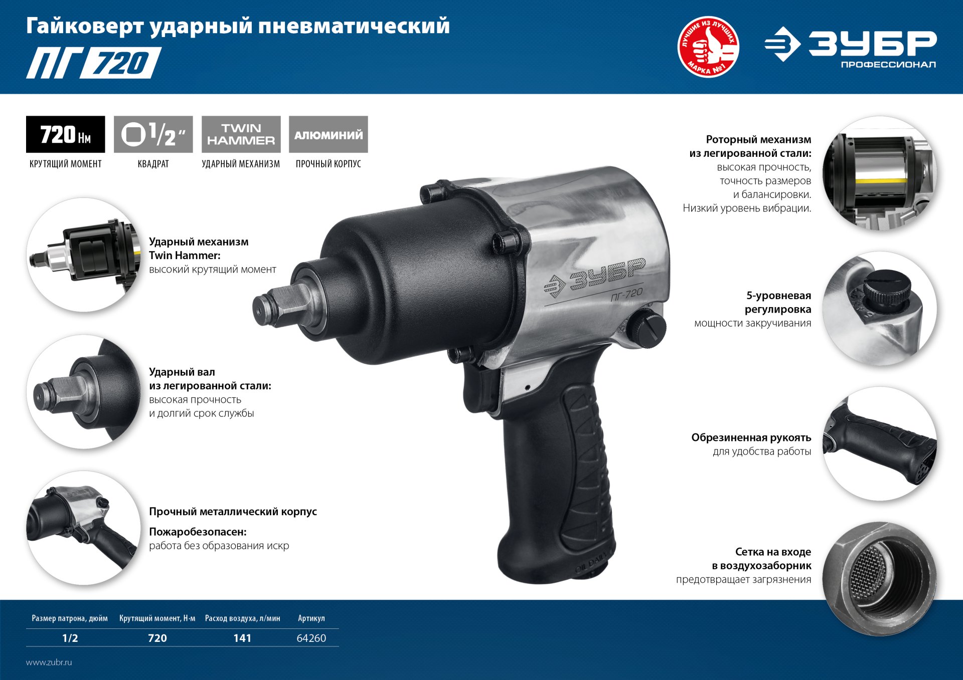 ЗУБР ПГ-720, 1/2″, 720 Н·м, ударный пневматический гайковерт, Профессионал (64260) — фото 8