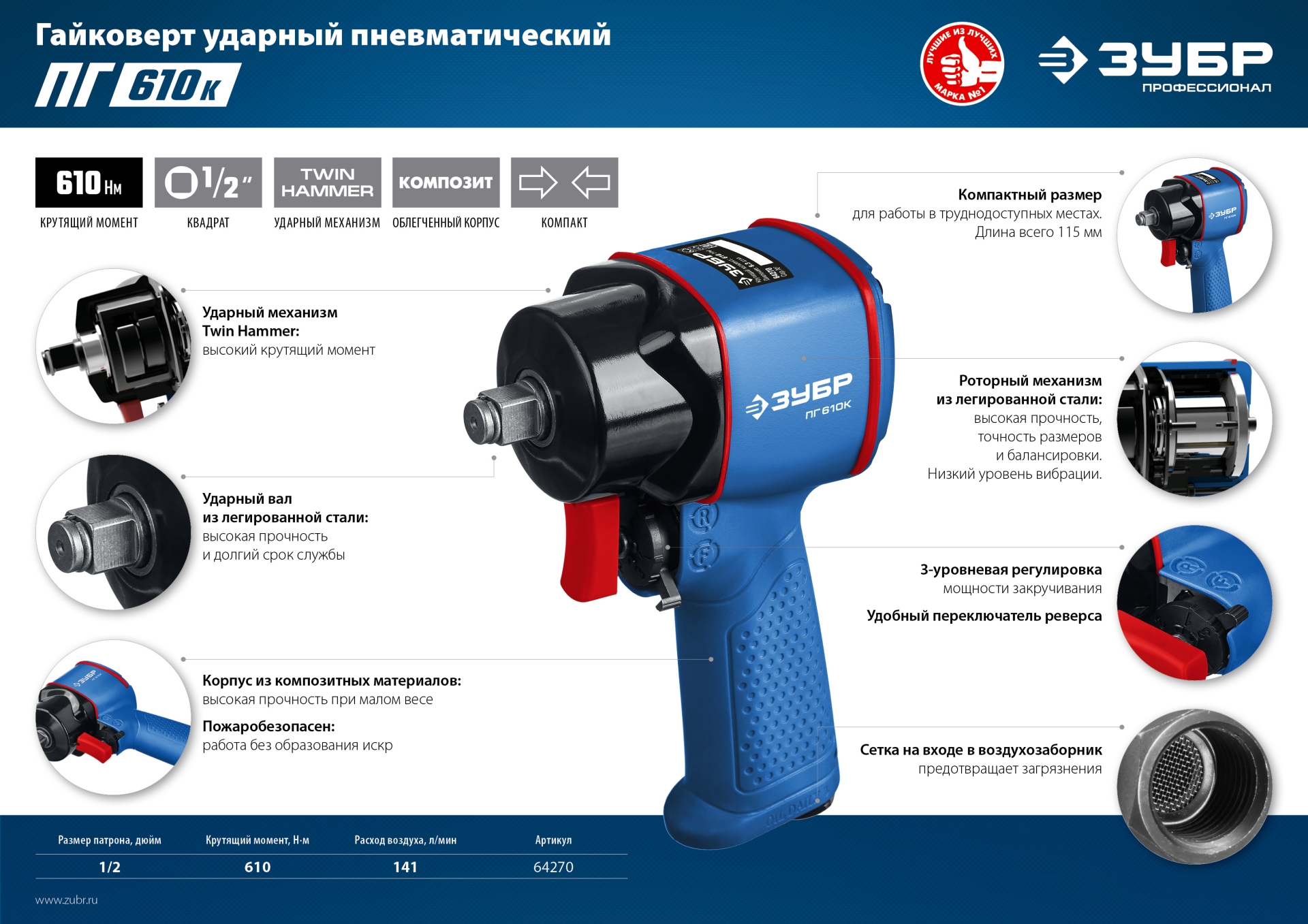 ЗУБР ПГ-610К, 1/2″, 610 Н·м, ударный пневматический гайковерт, Профессионал (64270)+M675 — фото 7