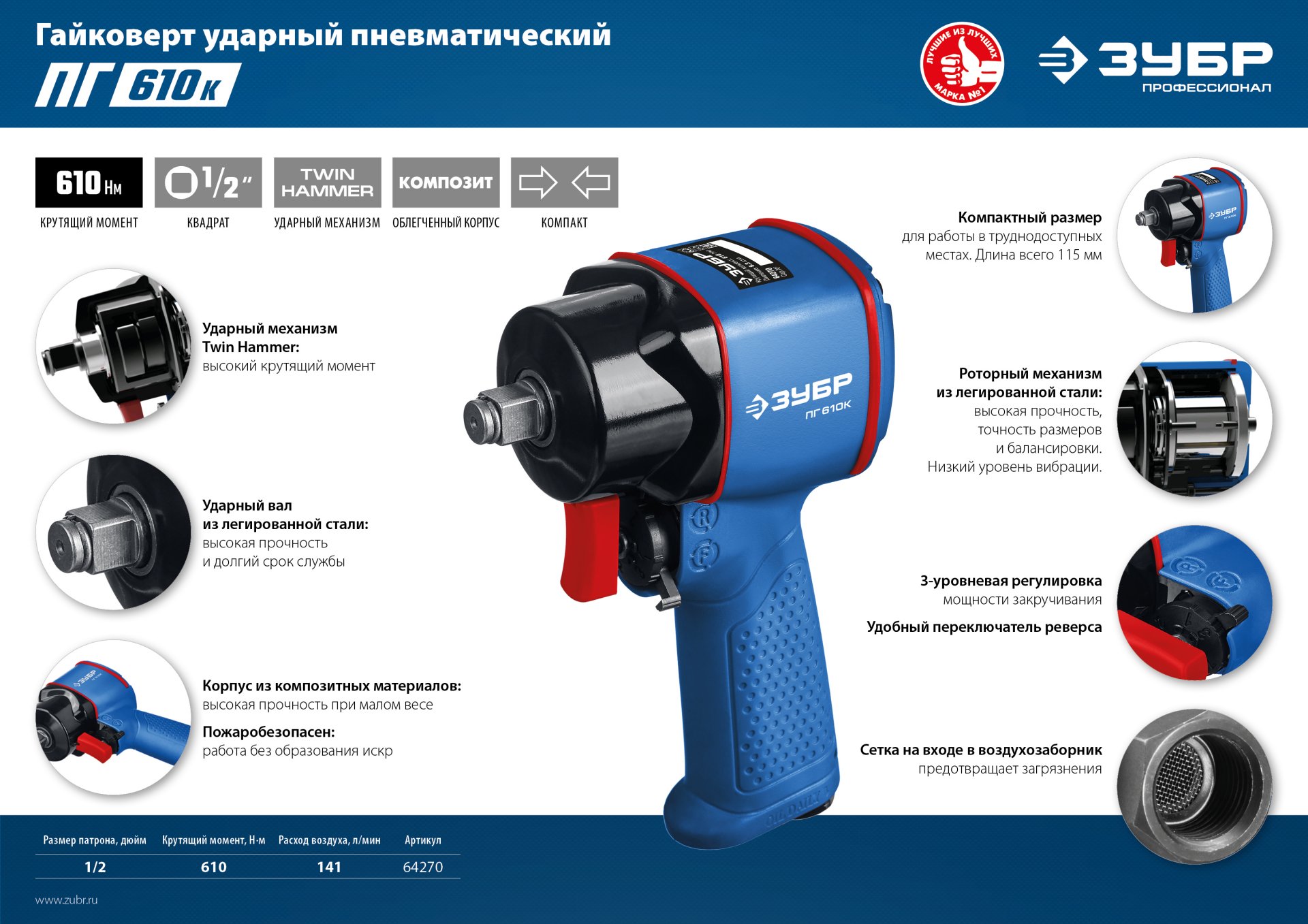 ЗУБР ПГ-610К, 1/2″, 610 Н·м, ударный пневматический гайковерт, Профессионал (64270)+M675 — фото 8