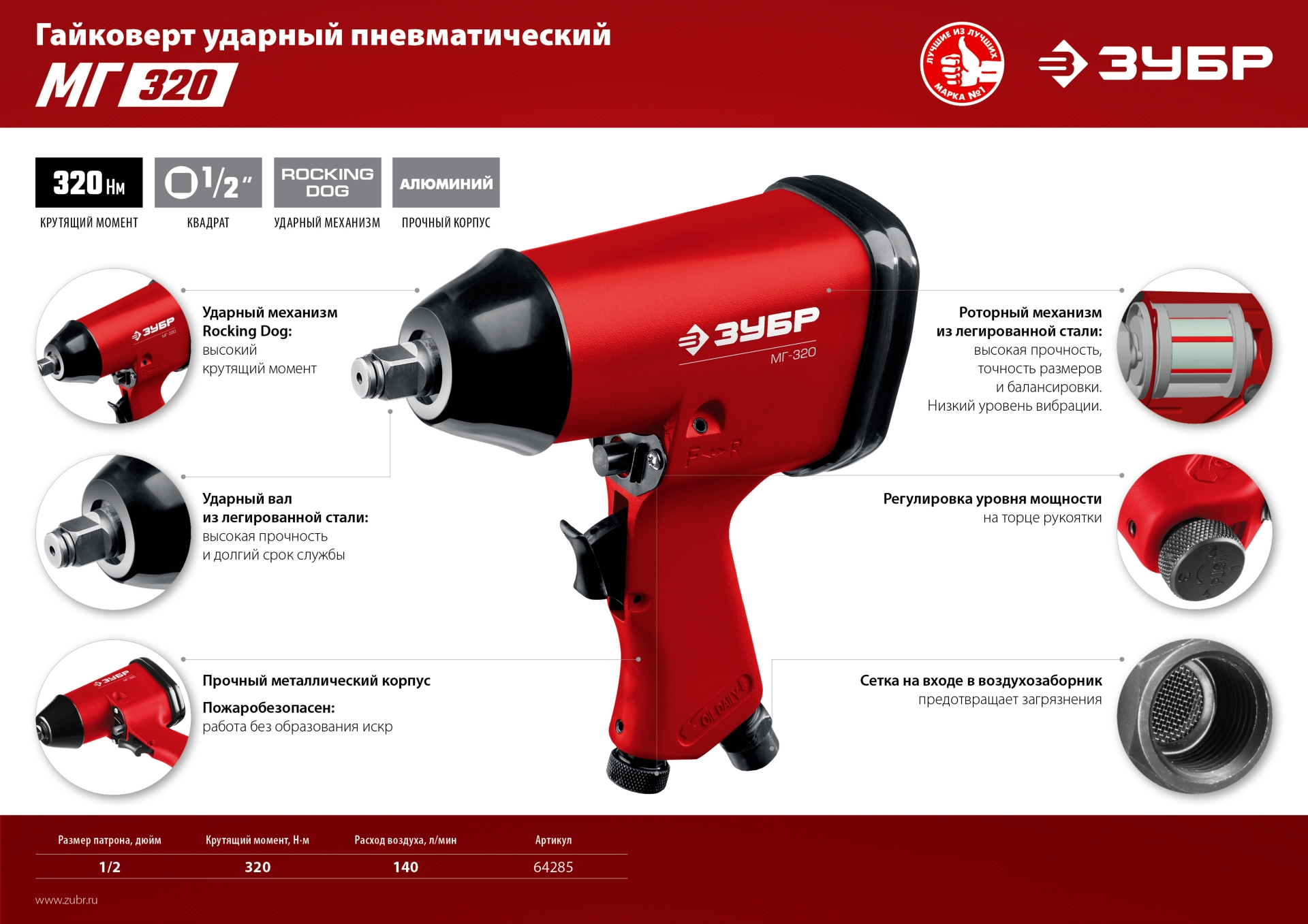 ЗУБР МГ-320, 1/2″, 320 Н·м, ударный пневматический гайковерт (64285) — фото 7