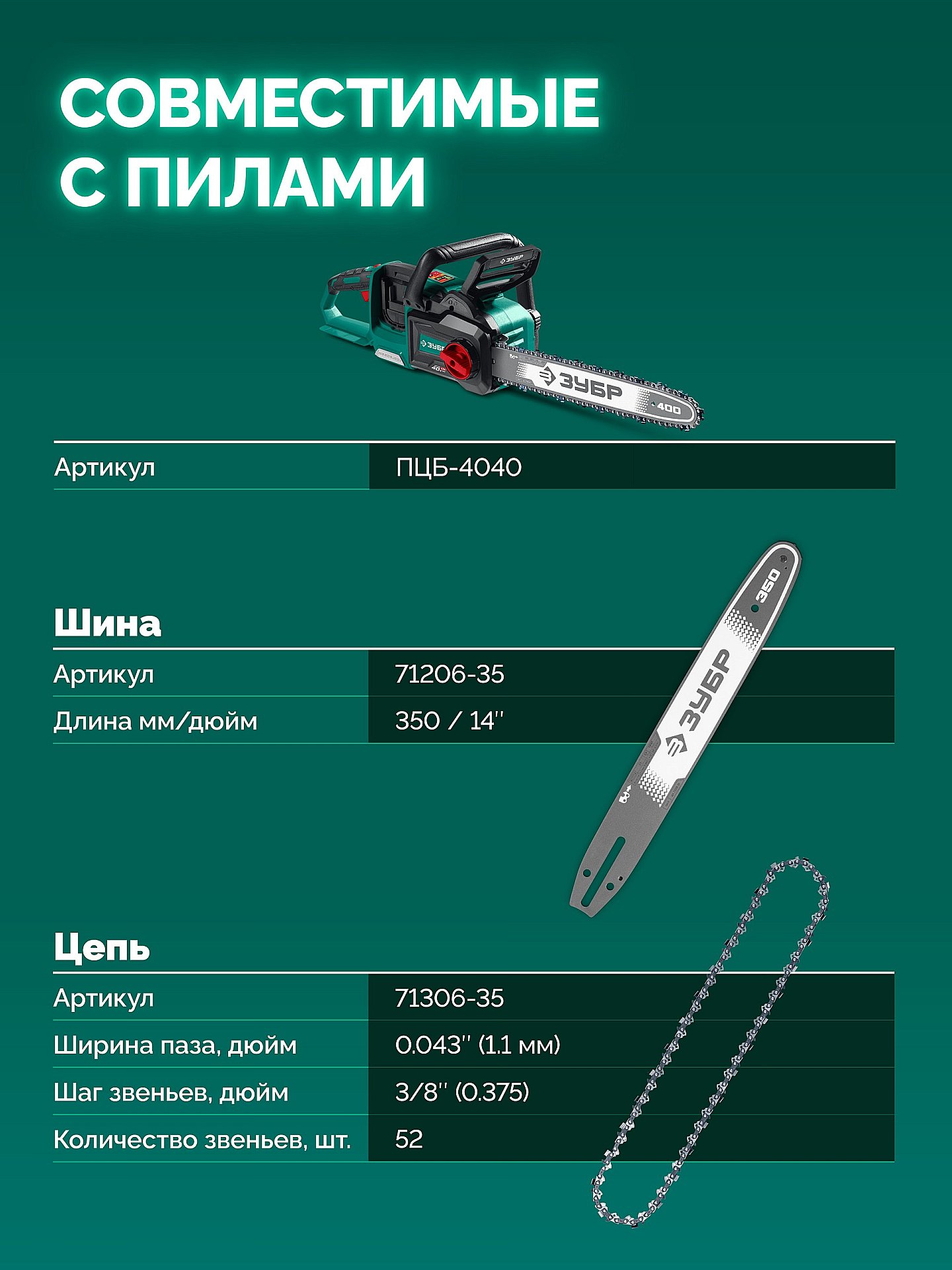 ЗУБР тип 6, 35 см, шаг 3/8″, паз 1.1 мм, 52 звена, цепь (71306-35) — фото 8
