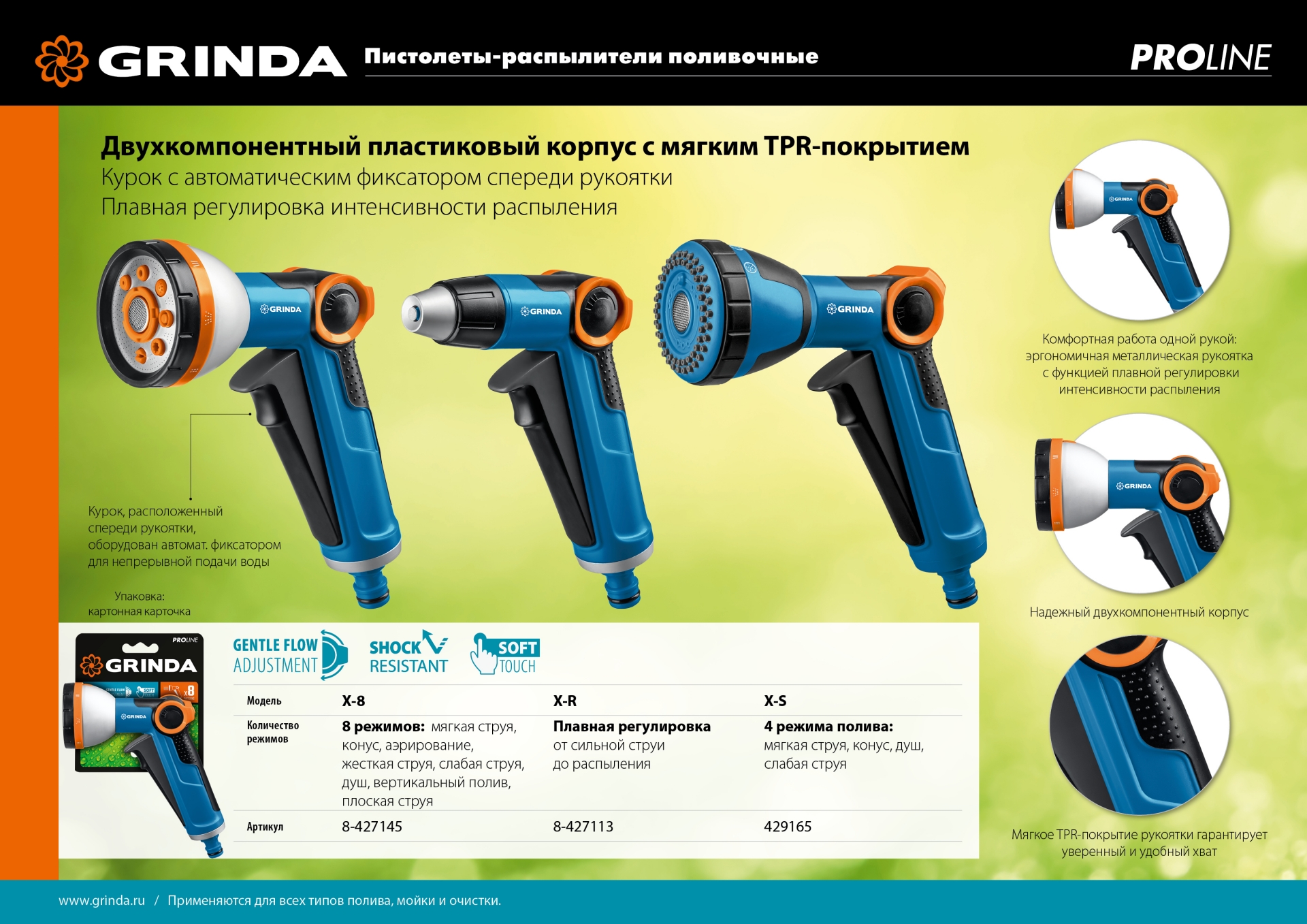 GRINDA X-R, с регулятором напора, плавная регулировка, курок спереди, двухкомпонентный, поливочный пистолет, PROLine (8-427113) — фото 8