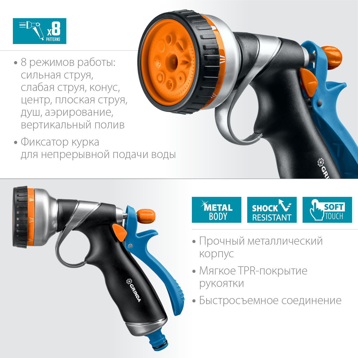 GRINDA RM-8, 8 режимов, курок сзади, металлический с TPR, поливочный пистолет, PROLine (8-427143) — фото 3