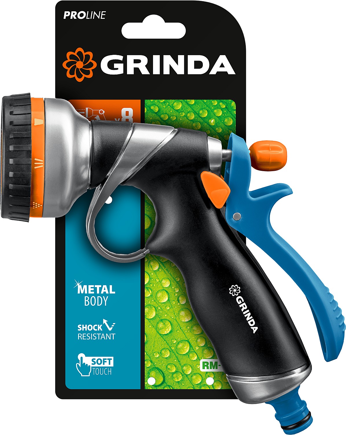 GRINDA RM-8, 8 режимов, курок сзади, металлический с TPR, поливочный пистолет, PROLine (8-427143) — фото 5