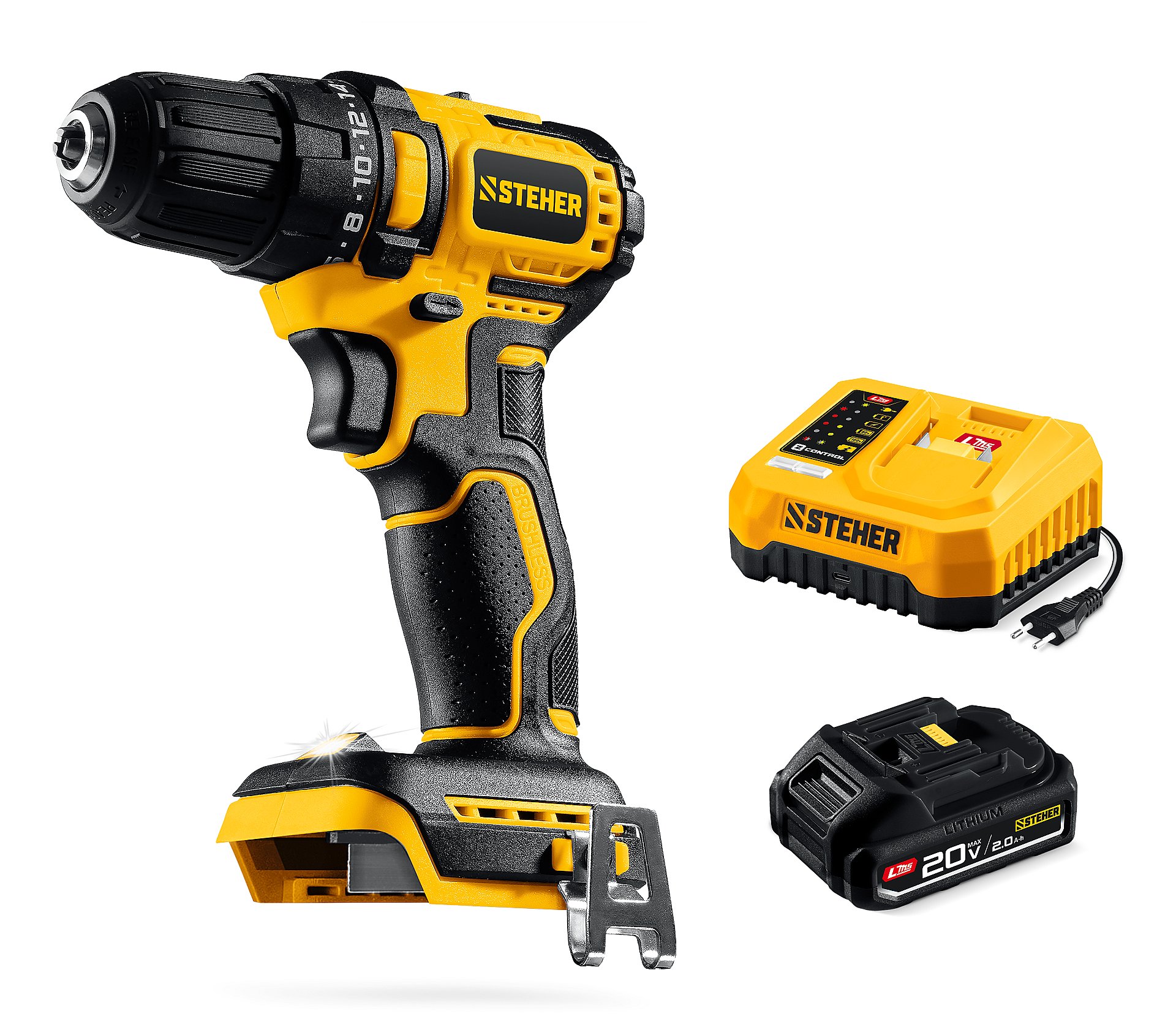 STEHER 20 В, 45 Н·м, 1 АКБ LMS (2 А·ч), бесщеточная дрель-шуруповерт (CB-45-21)