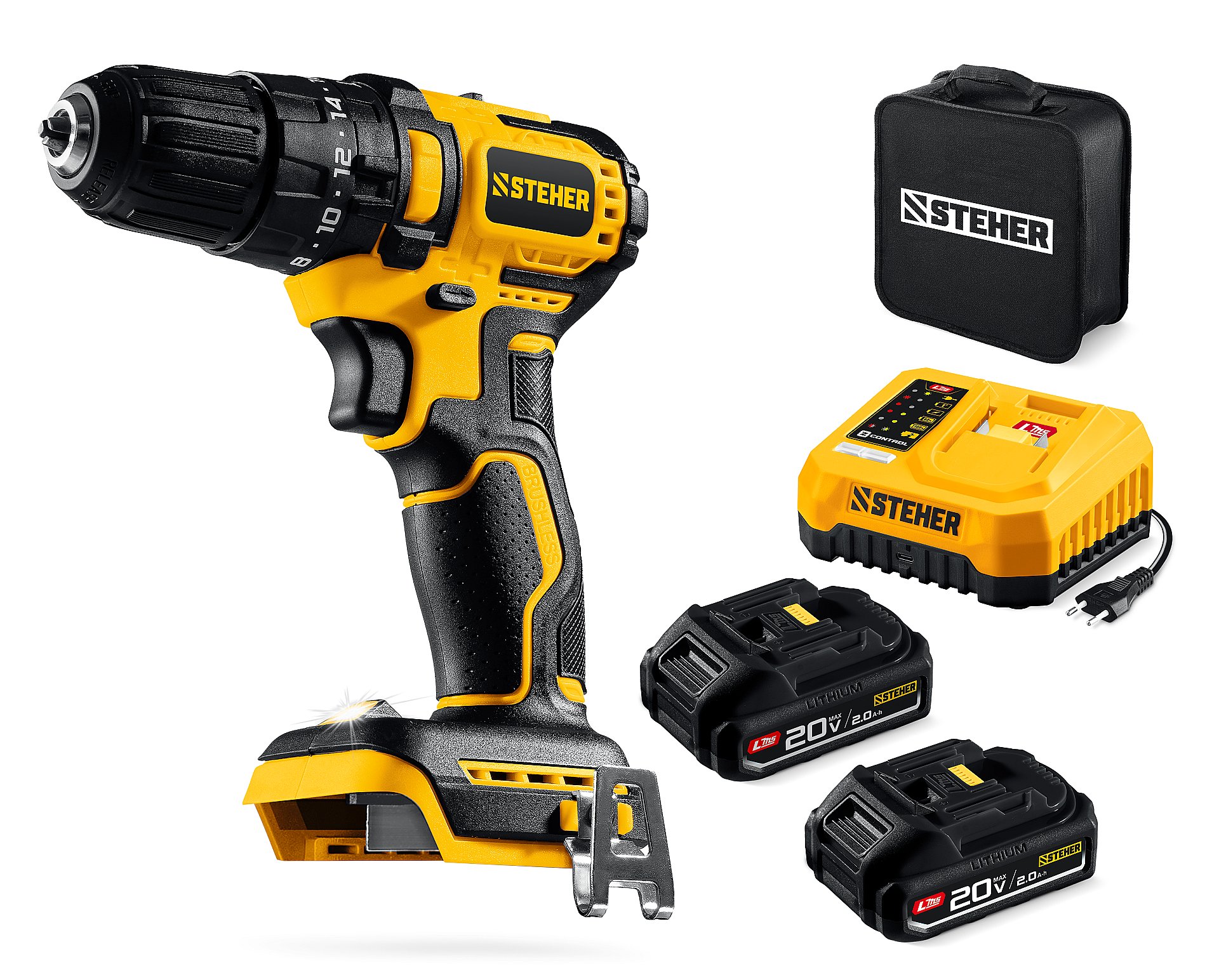 STEHER 20 В, 45 Н·м, 2 АКБ LMS (2 А·ч), бесщеточная ударная дрель-шуруповерт, сумка (CBS-45-22)