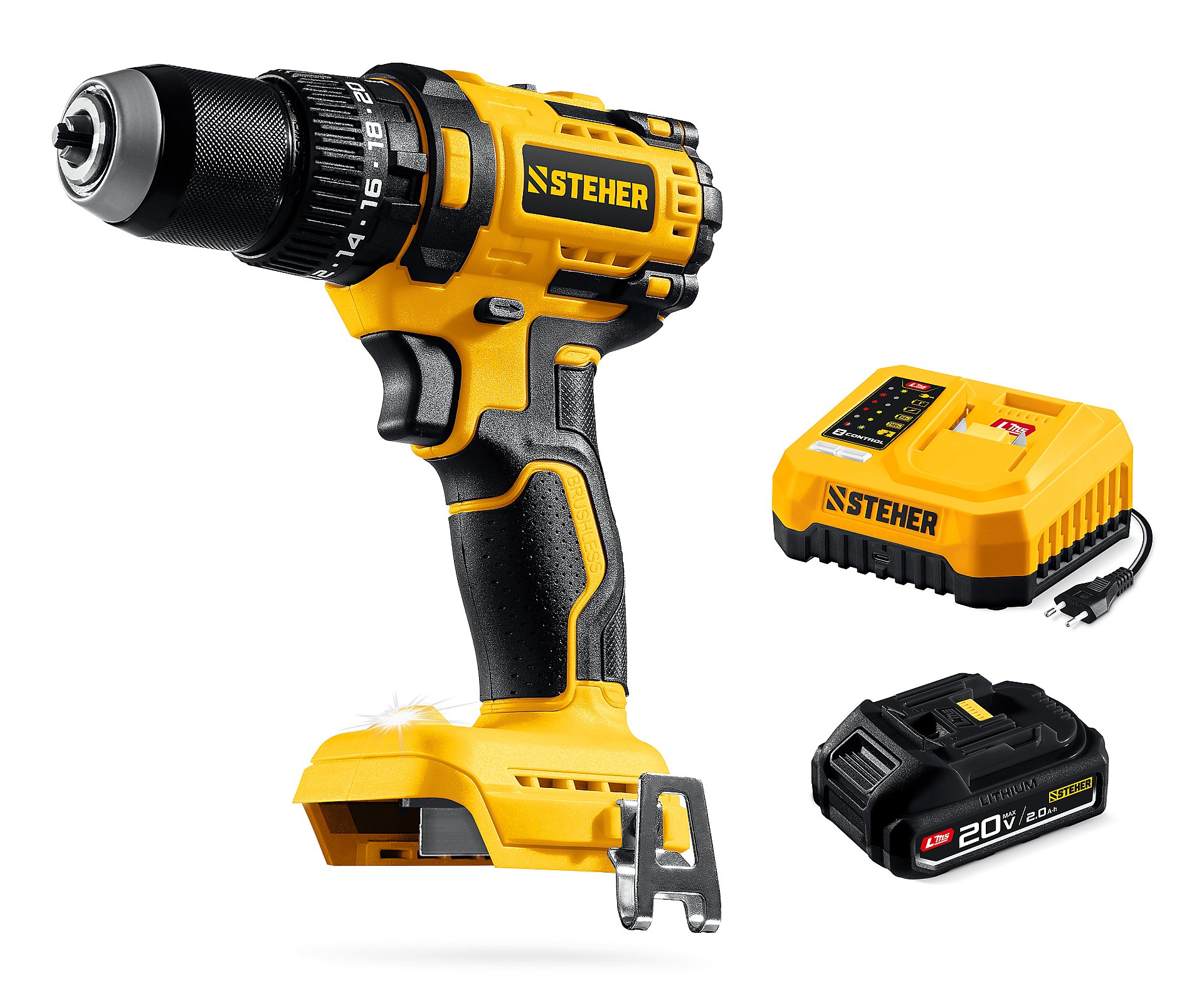 STEHER 20 В, 65 Н·м, 1 АКБ LMS (2 А·ч), бесщеточная ударная дрель-шуруповерт (CBS-65-21)