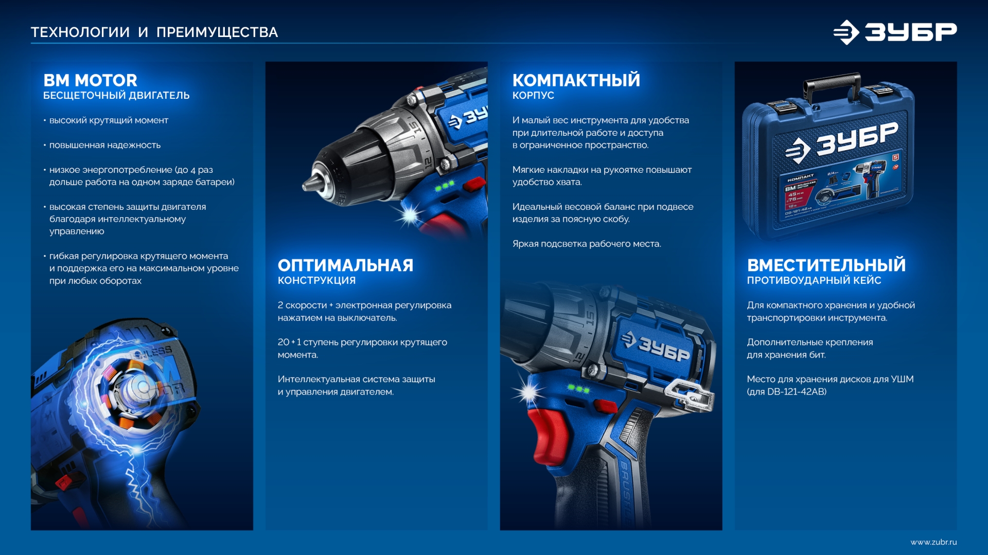 ЗУБР КОМПАКТ #4, набор: дрель-шуруповерт + LED фонарь, BRUSHLESS, 12 В, 45 Н·м, 2 АКБ тип Т7 (2 А·ч), кейс, Профессионал (DB-121-22F) — фото 17