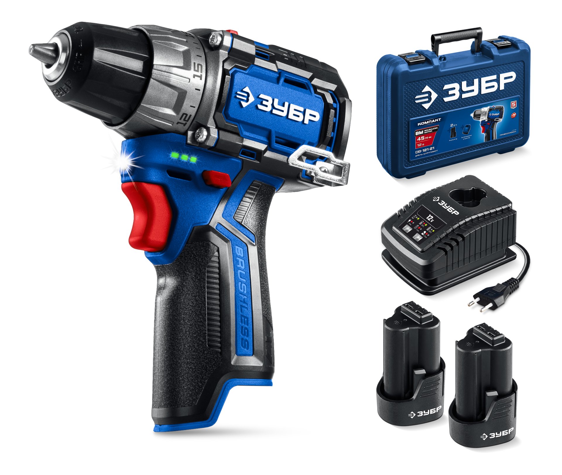 ЗУБР КОМПАКТ #3, 12 В, 45 Н·м, 2 АКБ тип Т7 (2 А·ч), дрель-шуруповерт, BRUSHLESS, кейс, Профессионал (DB-121-22)