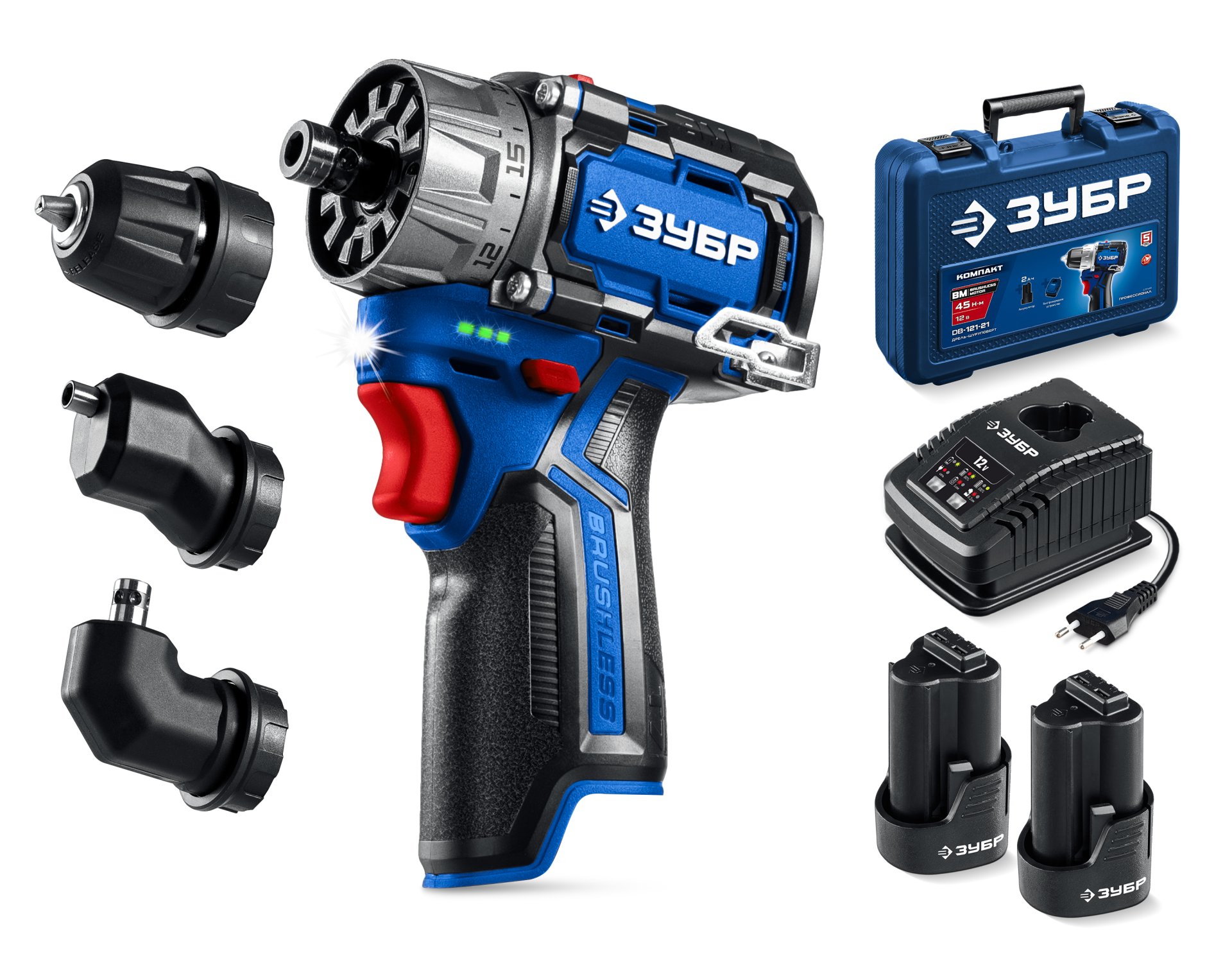 ЗУБР КОМБИ #3, 12 В, 45 Н·м, 2 АКБ тип Т7 (2 А·ч), модульная дрель-шуруповерт, BRUSHLESS, кейс, Профессионал (DB-125-22)