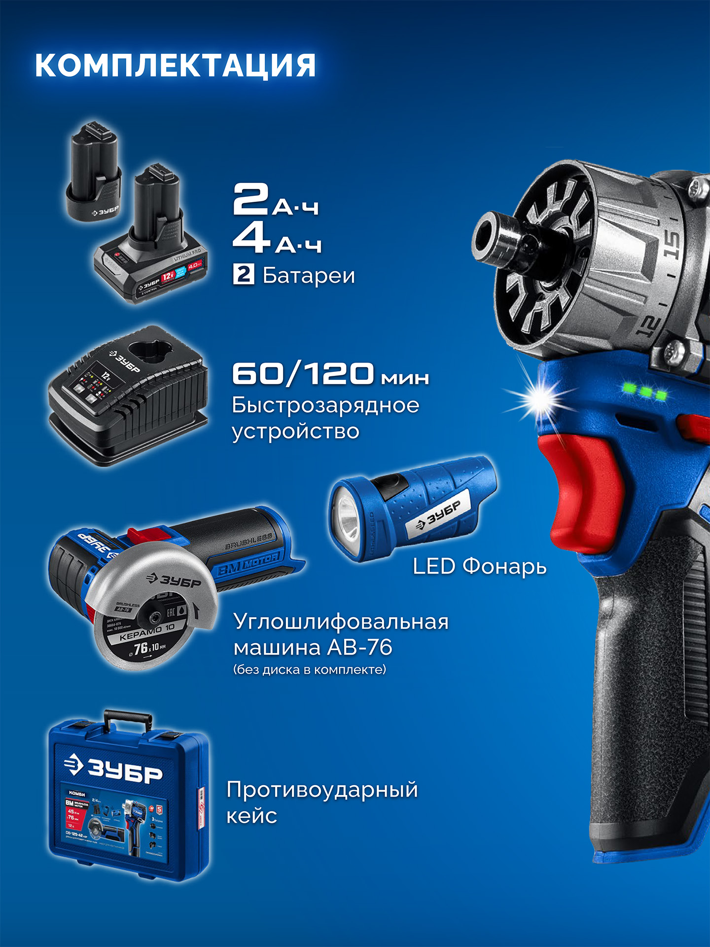 ЗУБР КОМБИ #5 набор: дрель-шуруповерт + мини УШМ + LED фонарь, BRUSHLESS, 12 В, 45 Н·м, 2 АКБ тип Т7 (4 и 2 А·ч), кейс, Профессионал (DB-125-42ABF) — фото 20