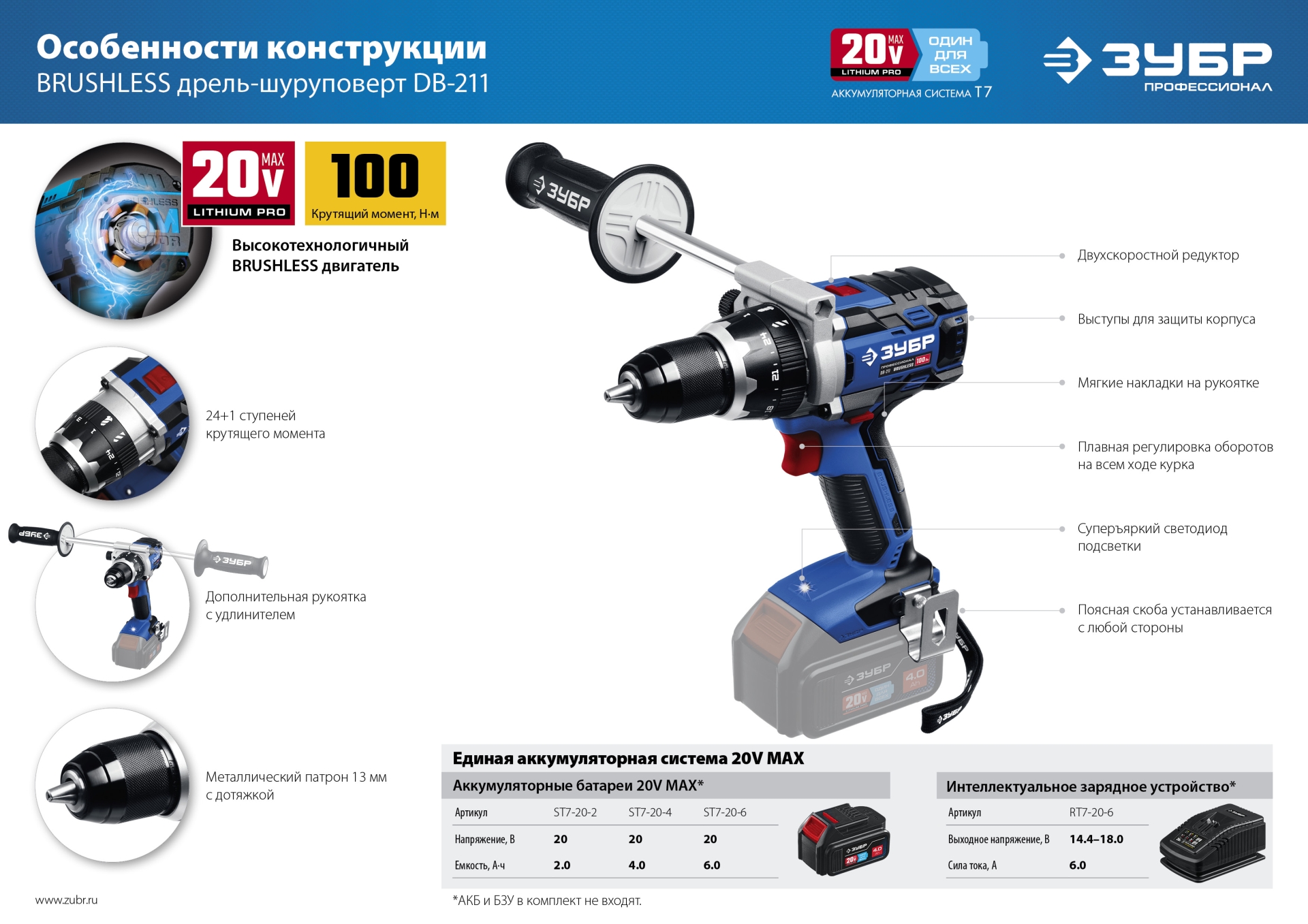 ЗУБР Т7, 20 В, 100 Н·м, без АКБ, бесщеточная дрель-шуруповерт, Профессионал (DB-211) — фото 14
