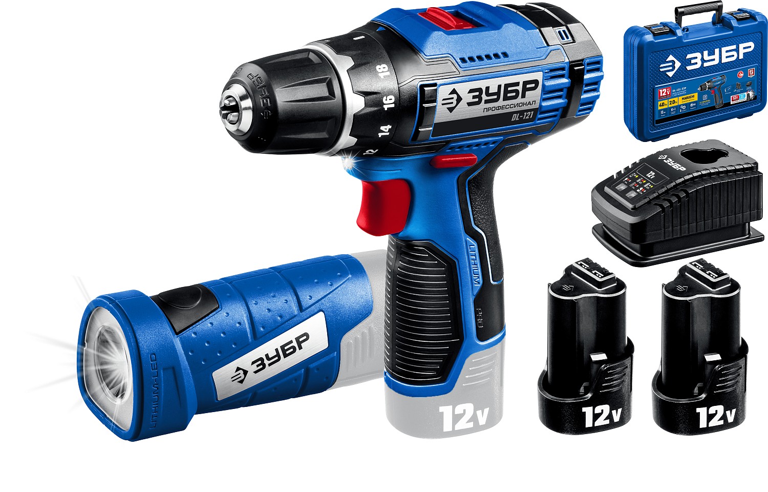 ЗУБР 12 В, 40 Н·м, 2 АКБ тип Т7 (2 А·ч), дрель-шуруповерт + LED фонарь, кейс, Профессионал (DL-121-22F)