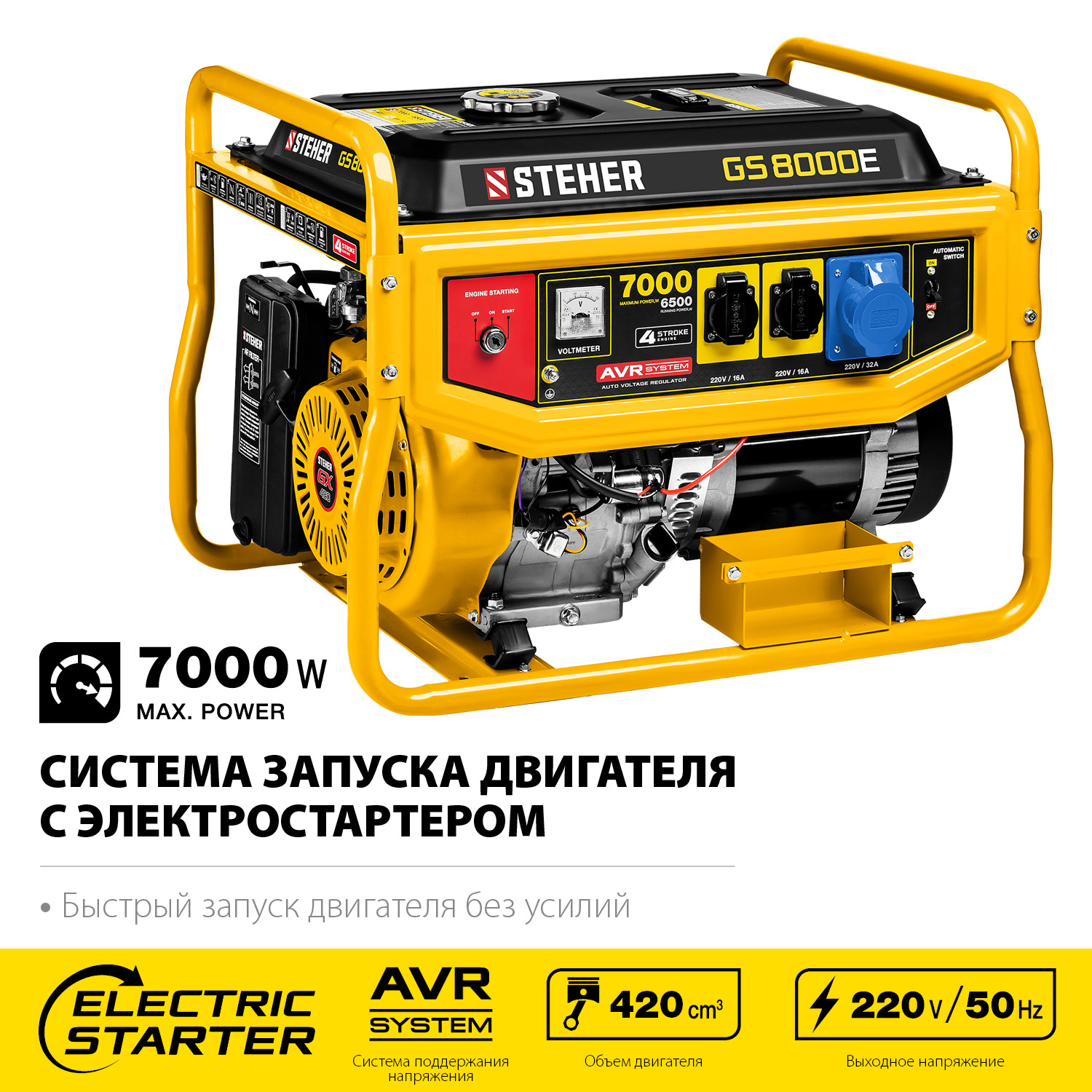 STEHER 7000 Вт, бензиновый генератор с электростартером (GS-8000E) — фото 4